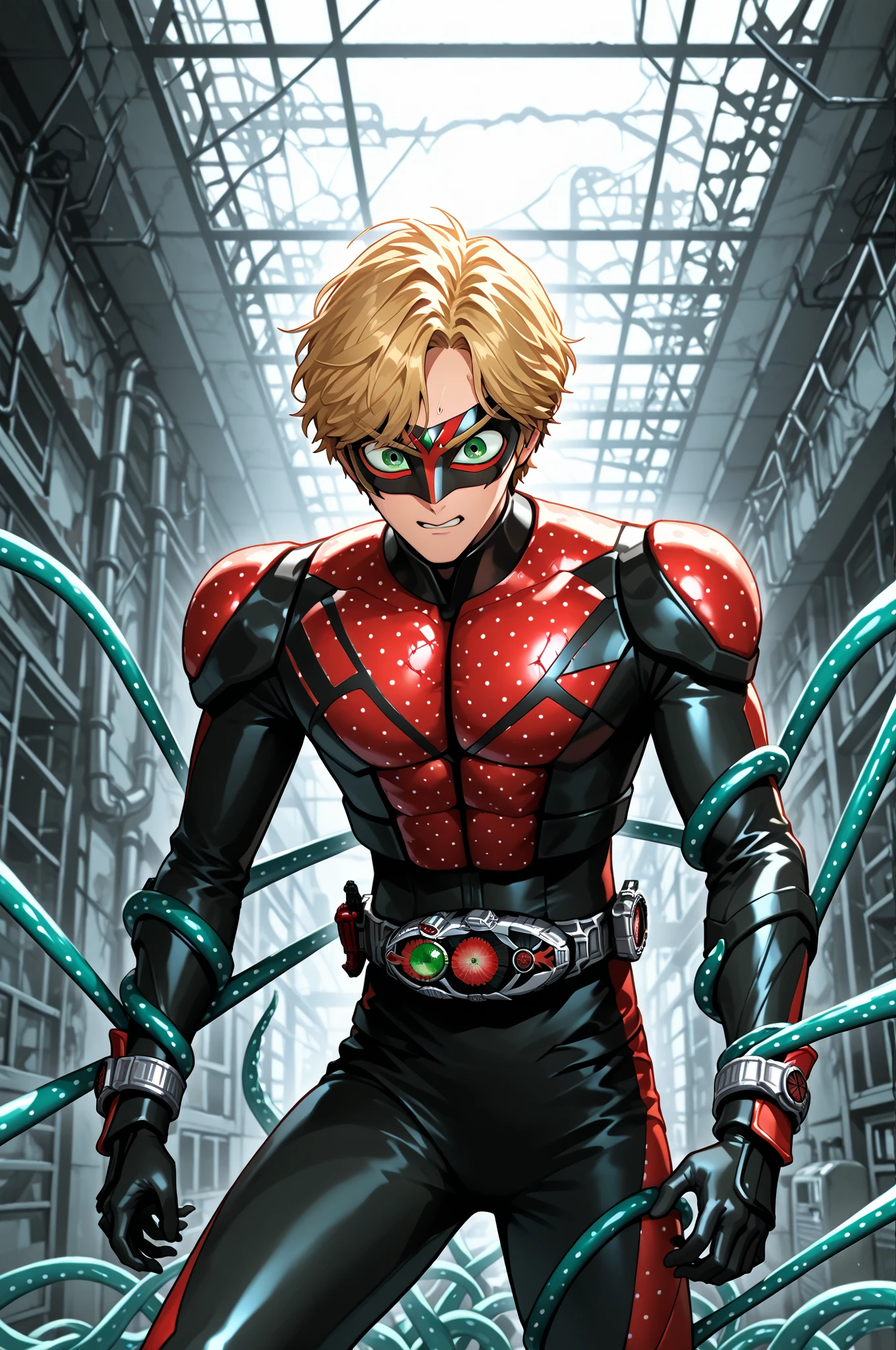 Boku no hero academia style Boy with hair with shades of blonde and black colors with red highlights,pale skin color tone with a scar on the left eye,dark blue eyes with some turquoise, piercings and circles under his eyes and red marks like cutters on his arms in the UA uniform