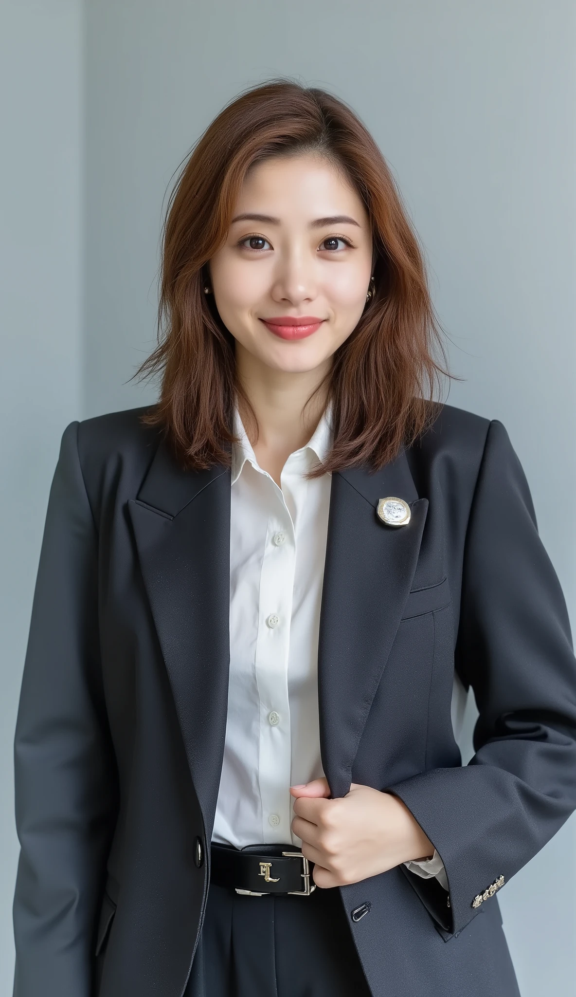  Neat Young Woman、looking at the camera、office lady suit、jacket、shirt、耳にピアス、ストレートショトヘア、薄い茶髪、無表情、、face close-up、The background is office, entire body 