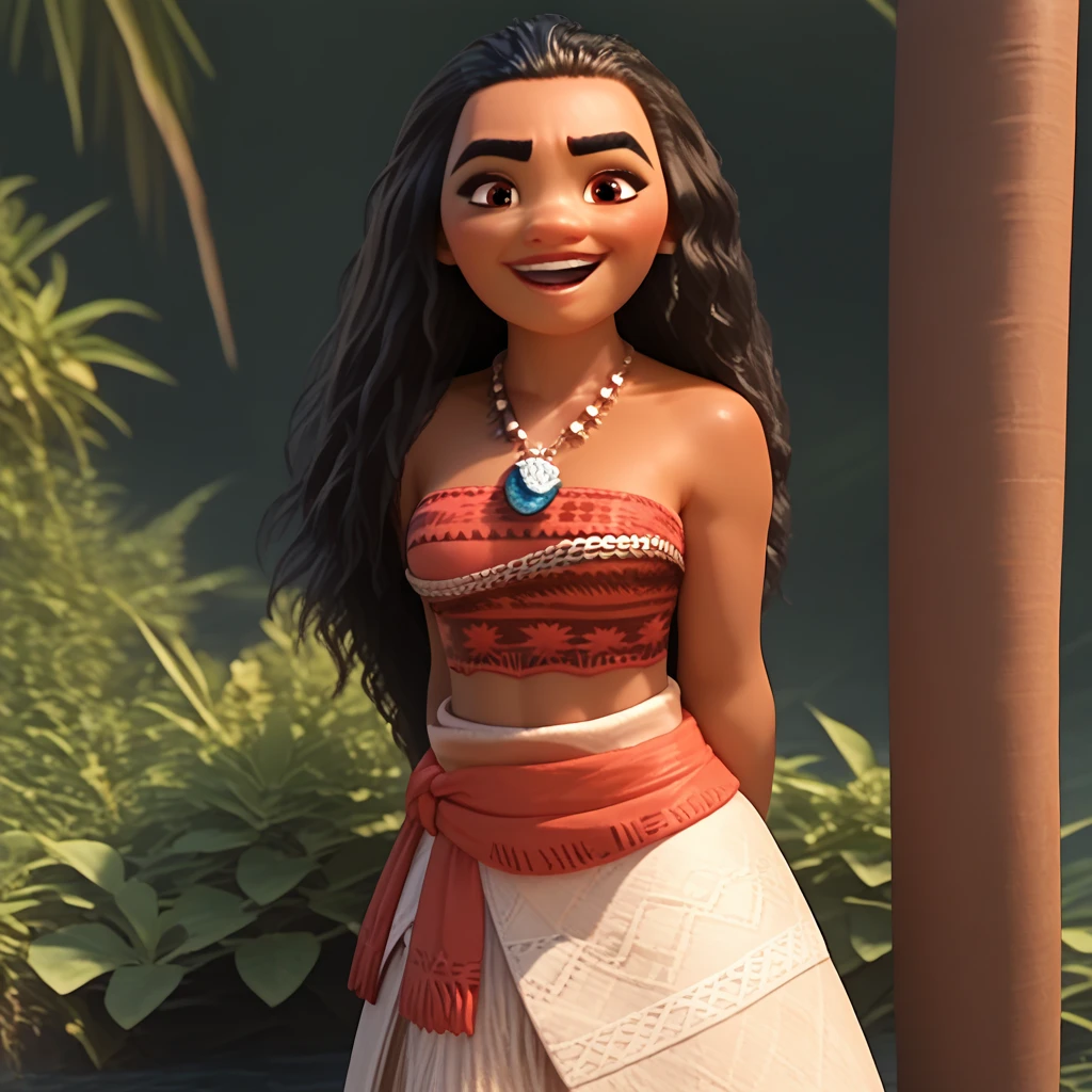 Create a high resolution full body image of Moana, Movie "Moana".  Extremely Realistic, very beautiful, sexy, big ass, thick legs, sensual, She must be portrayed standing, confident, with her hands on her hips, showing a courageous and adventurous expression.   Moana has long, wavy black hair, dark brown eyes, and an athletic build.   She wears a red top with traditional Polynesian patterns and a cream skirt made of tapa fabric, decorated with intricate designs and floral prints.   A red sash is tied around her waist.   Her necklace features a blue gemstone.   She is barefoot.