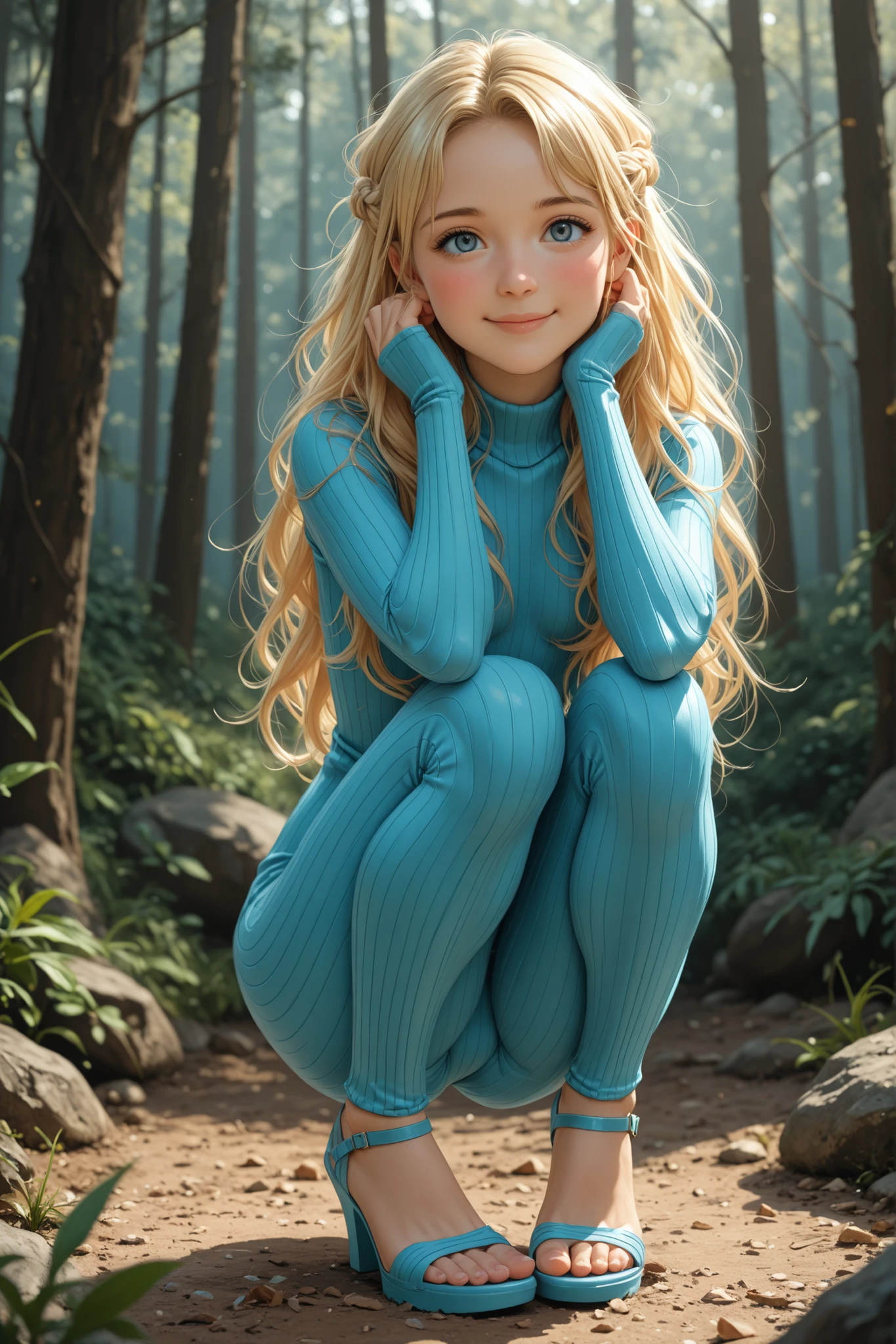 masterpiece, detailed_eyes, high_quality, best_quality, highres, subject_focus, depth_of_field,
woman, blue_eyes, blonde_hair, asymmetrical_bangs, messy_hair, ponytail, joy, messy_hairdo, hair_over_eyes, long_hair, french_braid, blue_eyes, blush_smile, gentle_smile, blush, looking_at_viewer, petite, small hips, small ass,
Ribbed cotton body suit, young, forest, crouching, full body view, front view.