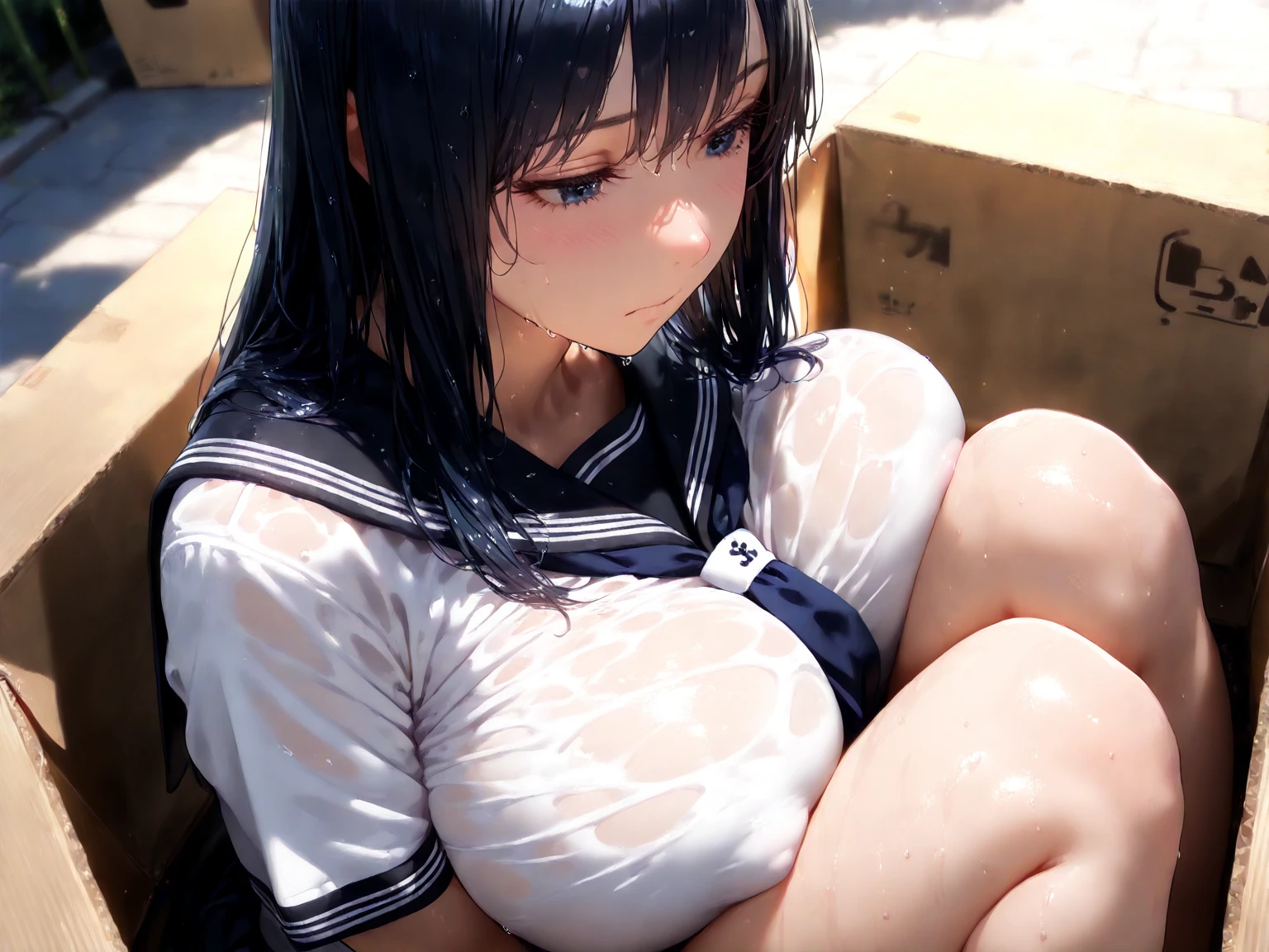 Shooting 、Cinema Lighting、Highest quality、Alley、girl、Huge breasts、Pink 、(Kitagawa.Marine)、high school girl、Stick your ass out、、Torn 、Sweaty、Sweat、、(Inserting the  into the :1.4)、、をにput in、put in、Browsing Caution、squat、、、、 near the mouth 、