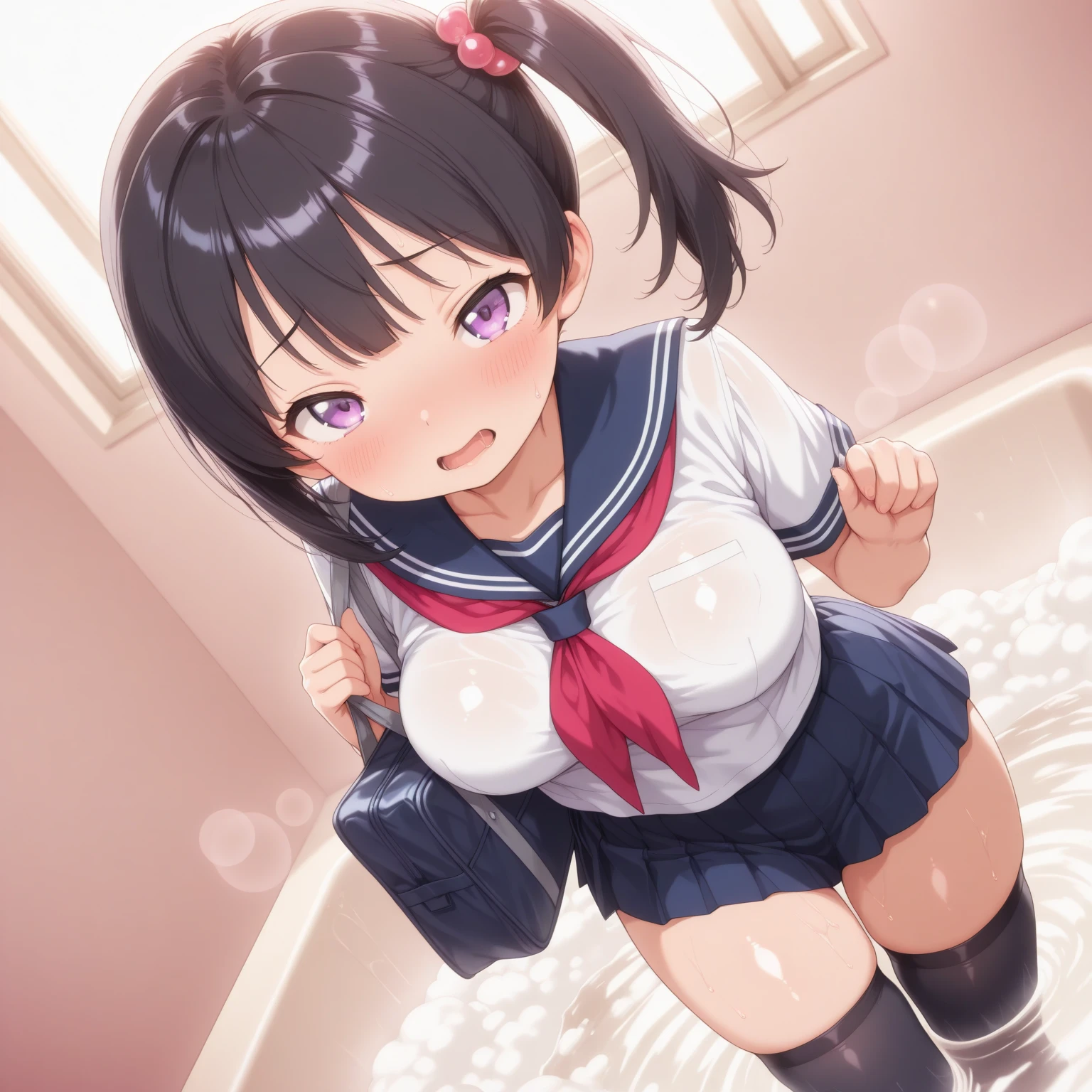 masterpiece, Highest quality, Nico_Yazawa,High resolution, 1 Girl, alone, Brown Hair, short hair, Twin tails、Purple eyes,  , , (Cleavage)、(Beautiful thighs), Carrying a red backpack, (randoseru backpack:1.2) Sweaty、Thick thighs、Highest quality、4K、One girl, 8-year-old, change, cute, Grin, （Surrounded by men in the park））、、Thick thighs、Man with his ????? out, Surrounding the girls、????? from the ?????、???????、???????、（???????）With projectile、???????、Lots of passersby、??????、Low length、、、???????、School Swimsuit、、Spread your legs、(Embarrassing,blush:1.3)（???????）（???????）Lots of passersby、A lot of ordinary people