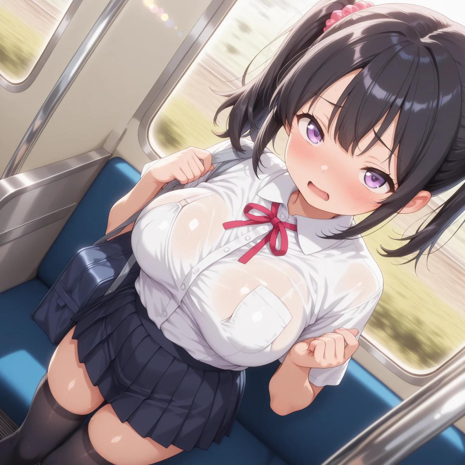 masterpiece, Highest quality, Nico_Yazawa,High resolution, 1 Girl, alone, Brown Hair, short hair, Twin tails、Purple eyes,  , , (Cleavage)、(Beautiful thighs), Carrying a red backpack, (randoseru backpack:1.2) Sweaty、Thick thighs、Highest quality、4K、1girl, 8years old, loli, cute, grin, 、White school swimsuit、on the train、Many passersby are surrounding the girl.、、Thick thighs、??????、Men holding their ??????? and surrounding girls、????? from the ?????、???????、???????、（???????）projectile ???、???????