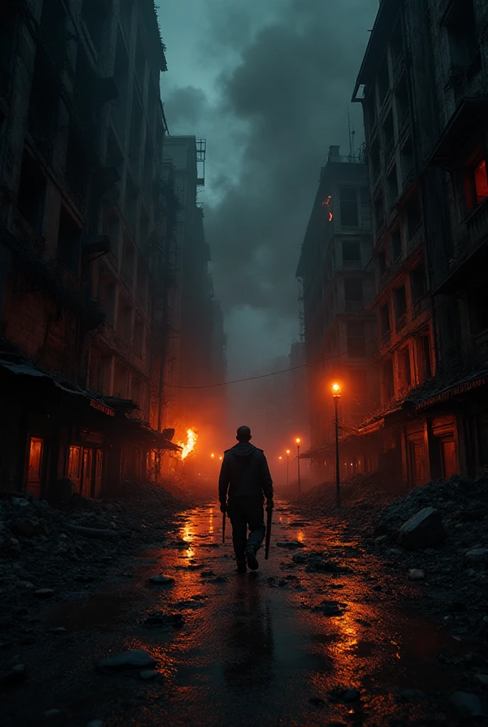 A dark post-apocalyptic city street at night, destroyed buildings on ...