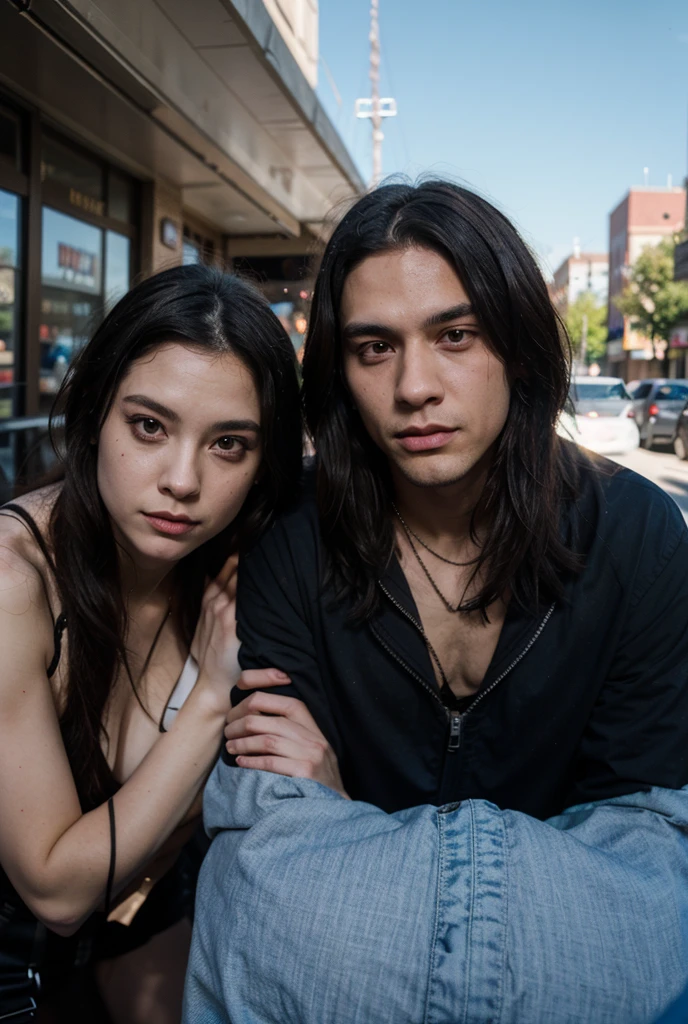 Emo couple interracial the boy is Polish, similar to Dominik Santorski from the movie Suicide Room He is Polish, grayish blue eyes, white complexion , tall 1.91cm and slim, his hair is dark brown and short emo hairstyle The girl is Mexican emo girl long straight black hair ,she has curvy body ,
 black eyes 
she is shorty 1.65cm , brown skin He is taller than her and he has short emo hair, make them both at the bellas artes Mexico city at night 