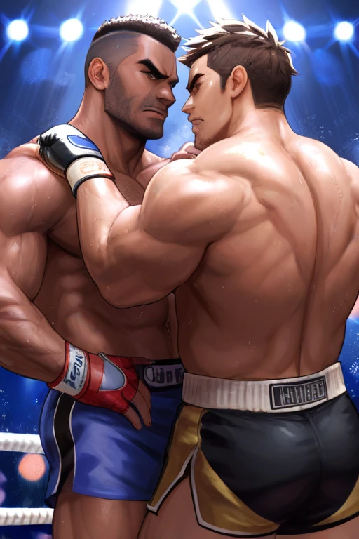 A young Japanese professional wrestler A and a senior Japanese professional wrestler B are in the ring.。They are on the same team。
A is buzzcut and muscular、Wearing short tights。Sweaty。
B is short-haired, muscular, and dark-skinned、Wearing short tights。
A and B put their knees in the ring、Keep your body in close contact、Fujifilm celebrates victory by hugging and kissing, look up, 