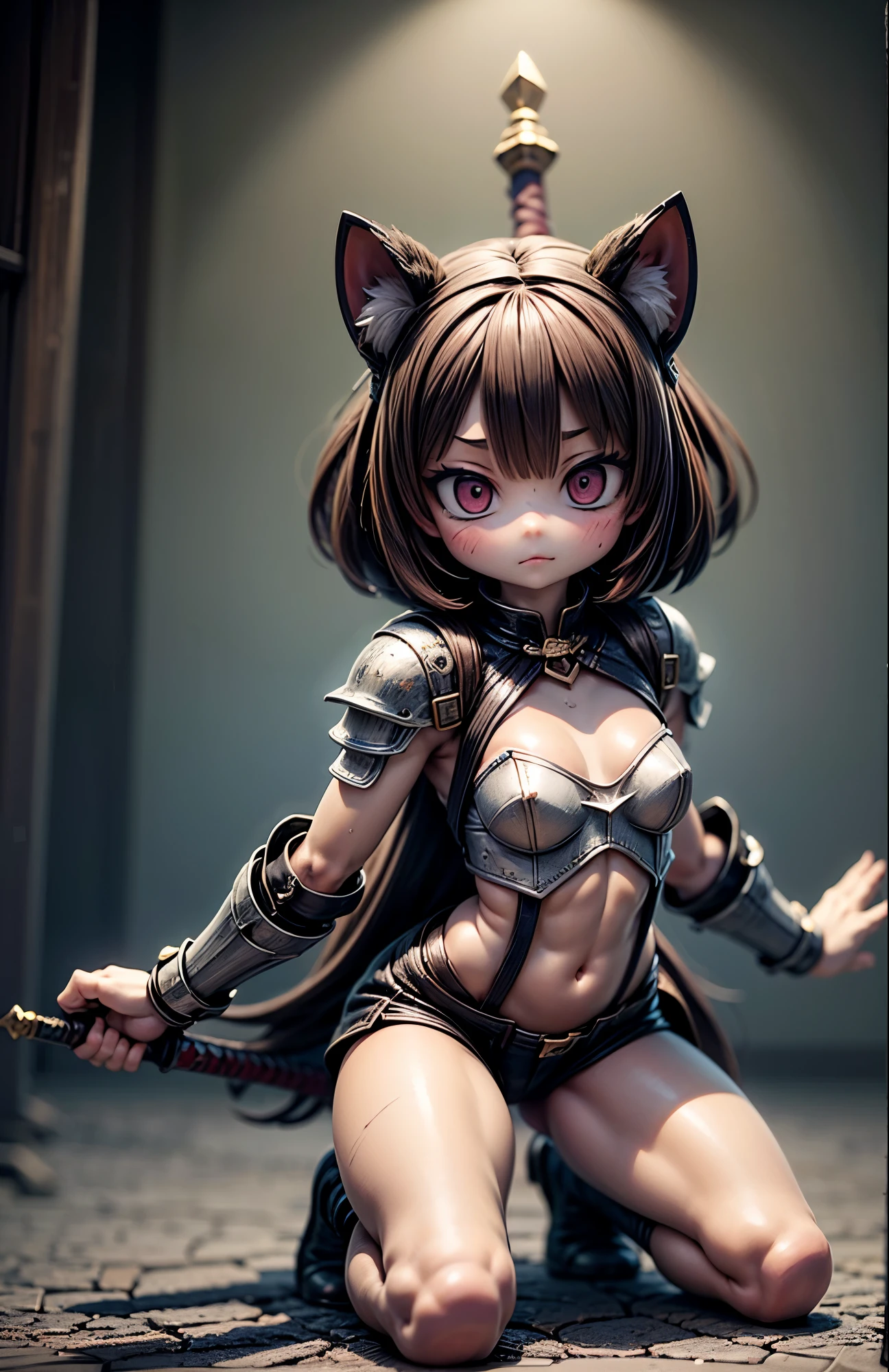 高解像度, 8Kの壁紙, 以上から最高品質, キュートな性格の女性騎士がパーフェクトな戦闘中position, small 守護の冠がバトルショートの準備を強化, ふわふわの毛, 大きな expressive な瞳で、決意と自然な甘さの組み合わせを示します, (詳細な目:1.2), (シャープアイ:1.1), 放ちます、round face それはかなり魅力的に見える, (スムーススキン:1.1), (ツヤのある肌:1.2), 小さな猫の肩当てやハート型のチェーンメイルなど、かわいいカスタマイズが施された精巧なアーマーを身に着けています。, 古代の儀式用の部屋,、フォロワーと見事にコーディネートされた攻撃を行います of magic, では、彼女の魔法の剣は頬に小さな戦傷を負った浄化光、不思議な円と魔法の仕掛け, それはかなり魅力的に見える、彼女の愛らしい特徴を強調するドラマチックな照明効果, 長期にわたる戦いの痕跡や破壊された儀式の構成要素が見られる地下ダンジョン環境, 愛らしい外見の裏に戦術的知性が隠された完璧な戦闘の瞬間
