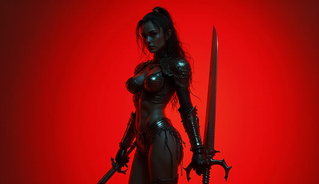 score_9, score_8_up, score_7_up, 1woman, weapon, , blood, sword,  armor, pelvic curtain, helmet, long black hair, navel,  armor, lips, makeup, dead monster<lora:Luis_Royo_style_V1_Pony:0.8>