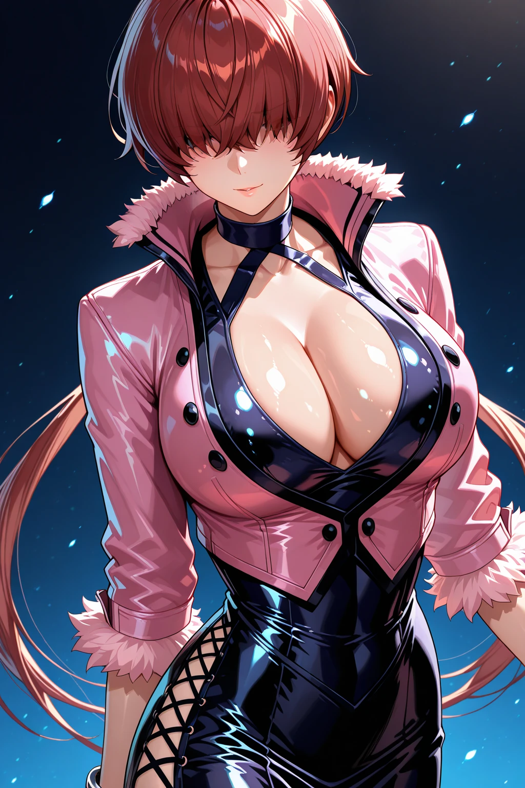 score_9, score_8_up, score_7_up, score_6_up, source_anime, BREAK masterpiece, SHERMIEXV, hair over eyes, split ponytail, pink jacket, cleavage, fur trim, black dress, seductive smile, stage lights, hand on own chest, large breasts,thighs, 