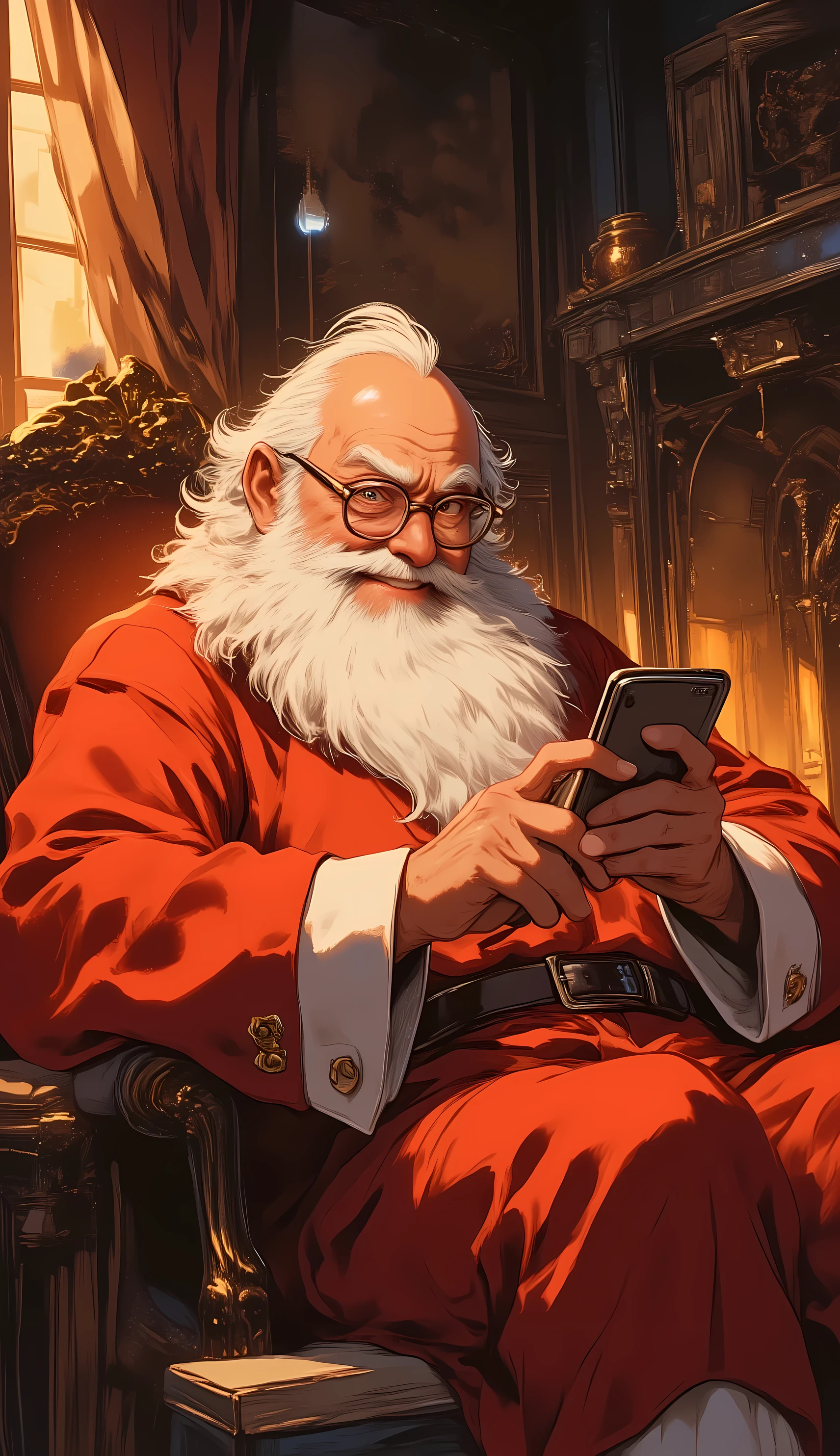 Round Faced Old Man Wearing Glasses Holding a Smartphone、kind eyes、Gentle smile、White Beard、Red Clothes with White Collars、Thin Black Belt、 on top of your head (!mark)and(♪mark)float on the face、accurate body structure、high image quality、High Quality、masterpiece、Animated Illustrations、Warm Light、Sitting on a Chaise in Front of the Fireplace、リアルなスマートフォンandリアルな手