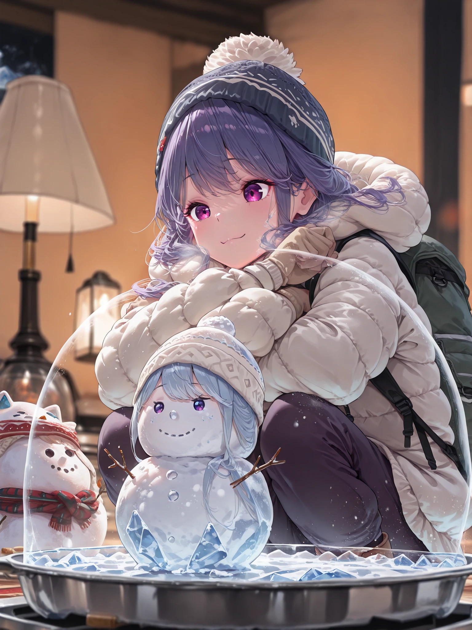 ((masterpiece), (top quality), (high score), (High Resolution),(4K),),
(masterpiece, top quality, very beautiful),
((blizzard,),(Indoor),1girl,,solo,),

(,(Snow Mountain, Ice Dome , Snow hut),simple stove,portable pot,backpack placed on the floor,(Little Snowman , melted snowman),,,(girls are happy to cook, that's amazing),,,,BREAK,(anatomically accurate structure:1.4),),

((portable lamp,(Clear Ice/Glowing Ice),( fantastic:1.4),,BREAK,(anime screen capture),(beautiful hair,very delicate hair rendering,hair detailer:1.5),(beautiful detailed face:1.4),(detailed eyes:1.4),[(depth of field, shallow depth of field, The background is blurred 々It's blurry, Sharp Focus on Characters),:1.4)]))

((mature woman,ShimaRin, bun hair,navy hair,Purple Eyes,mountaineering style, Winter , knitted hat, down jacket, Hiking Boots, stylish leggings, butt under pants,(short height),),((happy),(makeup:1.0),)(Sit down 1),(squats:1.3)[viewers:],[upper body:],[side of the sky:0.7],),
