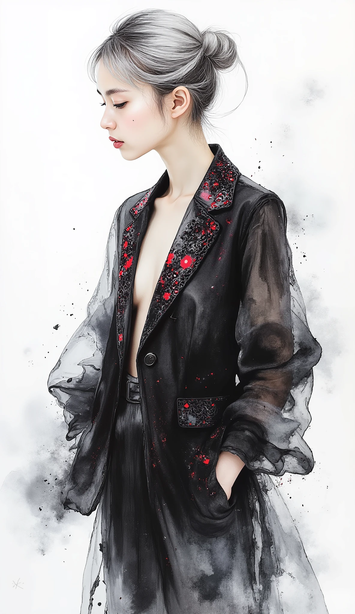 a photorealistic sumi-e illustration art with digital illuminate crystal clear ruby oil, monochrome with emphasis on digital illuminate ruby red, stylish angle.
a scrawny petite delicate thin 14yo model girl wearing an abstract crystal clear ruby oil sheer tailored jacket on no clothes, which jacket is made of digital illuminate crystal clear ruby oil. which ruby oil is abstract haze yet elaborate sheer lacy liquid, organic yet digital, chaos construction yet geometric fractal. she strikes stylish model pose.
she is pale silver hair, hair bun, no makeup, pale fairy skin, slender, skinny lower abdomen.
She who drawn in sumi-e rendered in fluid sumi-e brushstrokes with dense black like the abyss washes bleeding into translucent grays. the form elongates in dynamic sweeps across a void background.
a contrast between monochrome sumi-e and the digital illuminate ruby red is an impressive accent. this is ethereal, picturesque, photorealistic, artistic, poetic, dreamy, ephemeral, spiritual, mysterious, mystical, artisanal, alluring, vixenish. stunning light expression, hyper photorealism, Highest resolution, innocence, neat and clean, masterpiece.