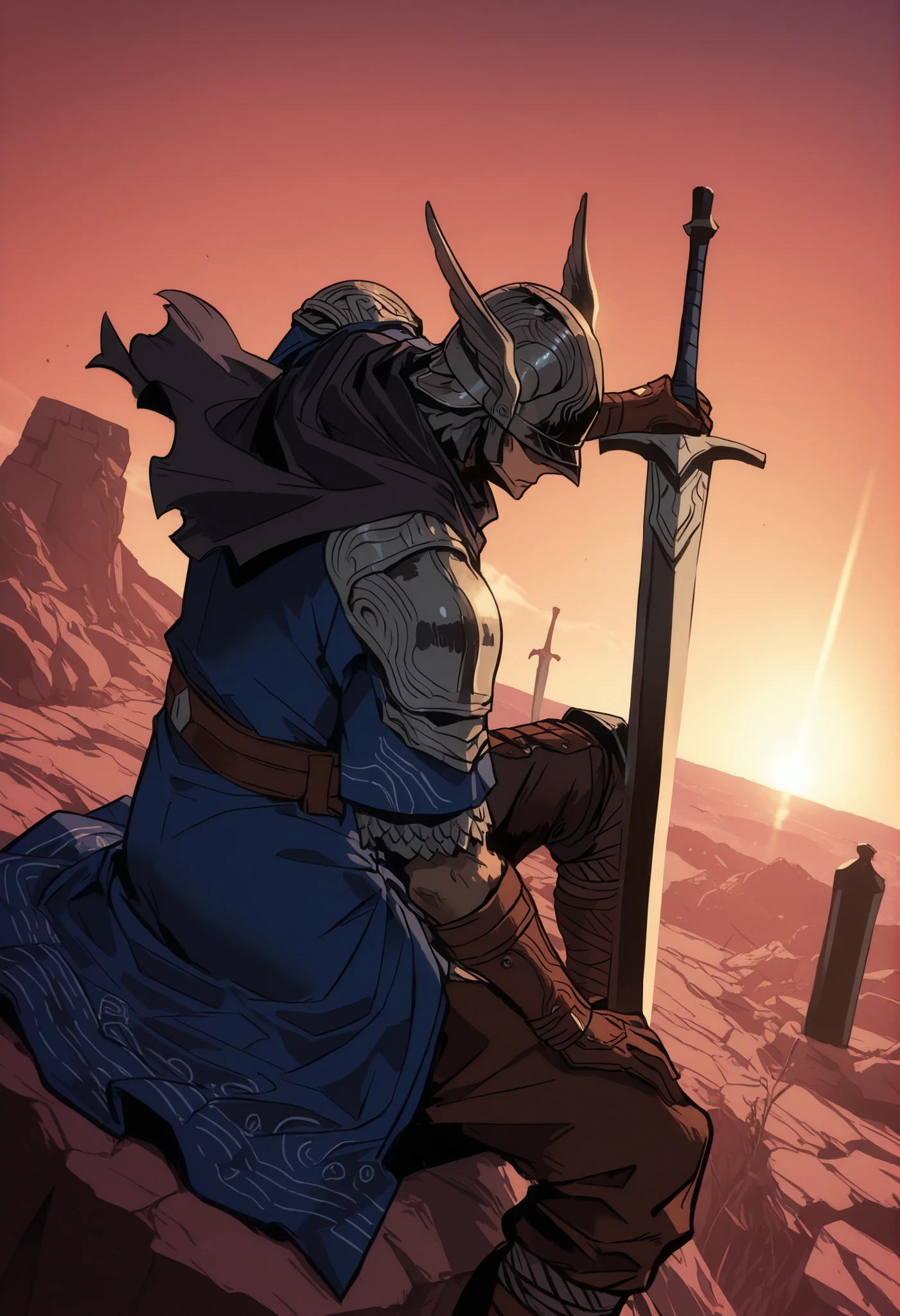 single, male, wylder (nightreign), wld, winged helmet, helm, pauldrons, shoulder armor, armor, full armor, cape, gauntlets, brown belt, greatsword, sitting while holding his sword with two hands, Sword planted in the ground, lying forward on his sword, simple pose, sitting on a rock, Sunset, epic, dutch angle, detailed background , side view, perspective, good perspective, upperbody only, upperbody only, we can't see his face