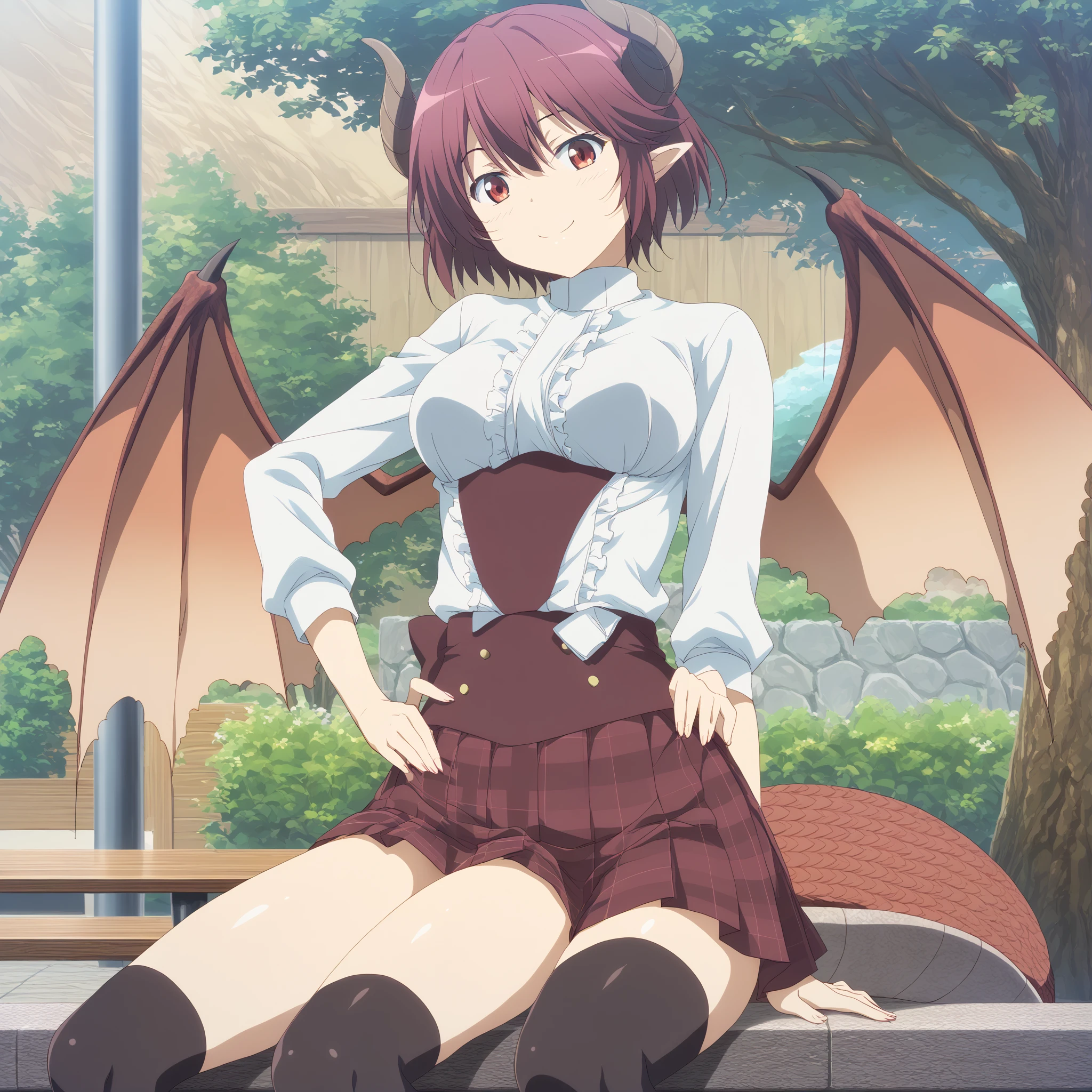 masterpiece,absurdres,best quality,high quality,<lora:MeMaXL5 Type C Vpred Noob:1>,1girl,pantyhose,solo,layered dress,red eyes,multicolored hair,purple hair,red hair,smile,sitting,no shoes,looking up,bracelet,jewelry,small breasts,hair between eyes,asymmetrical bangs,small breasts,closed mouth,armpits,outdoors,bare shoulders,on ground,dog on head,holding dog,foreshortening,from below,straight-on,grass,multicolored flower,