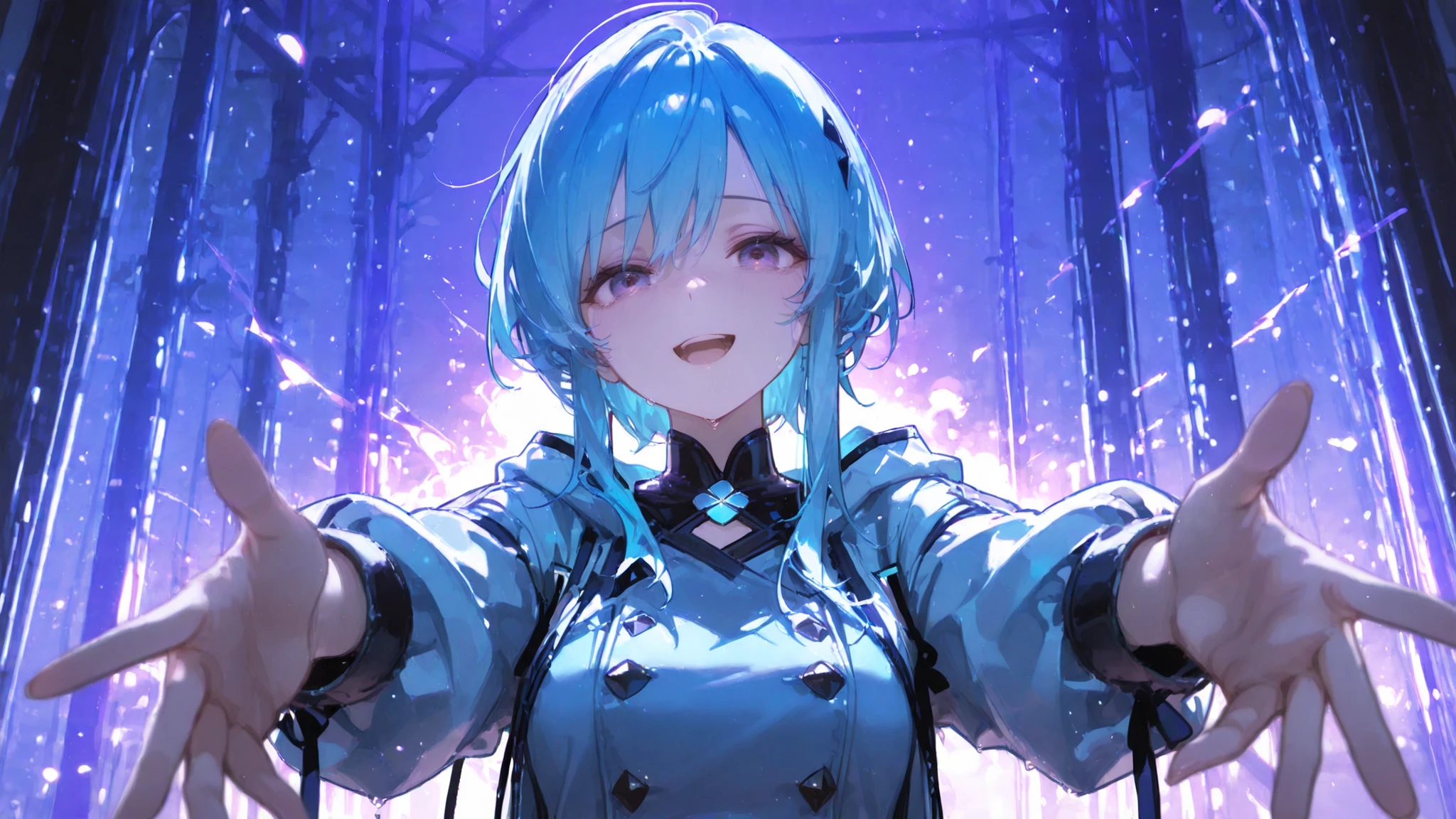 Ganyu from Genshin impact, 1girl, wearing a futuristic outfit, cyberpunk outfit, at a future city, cyberpunk look, light blue colour hair, red horns, 8k, high detailed, high quality
