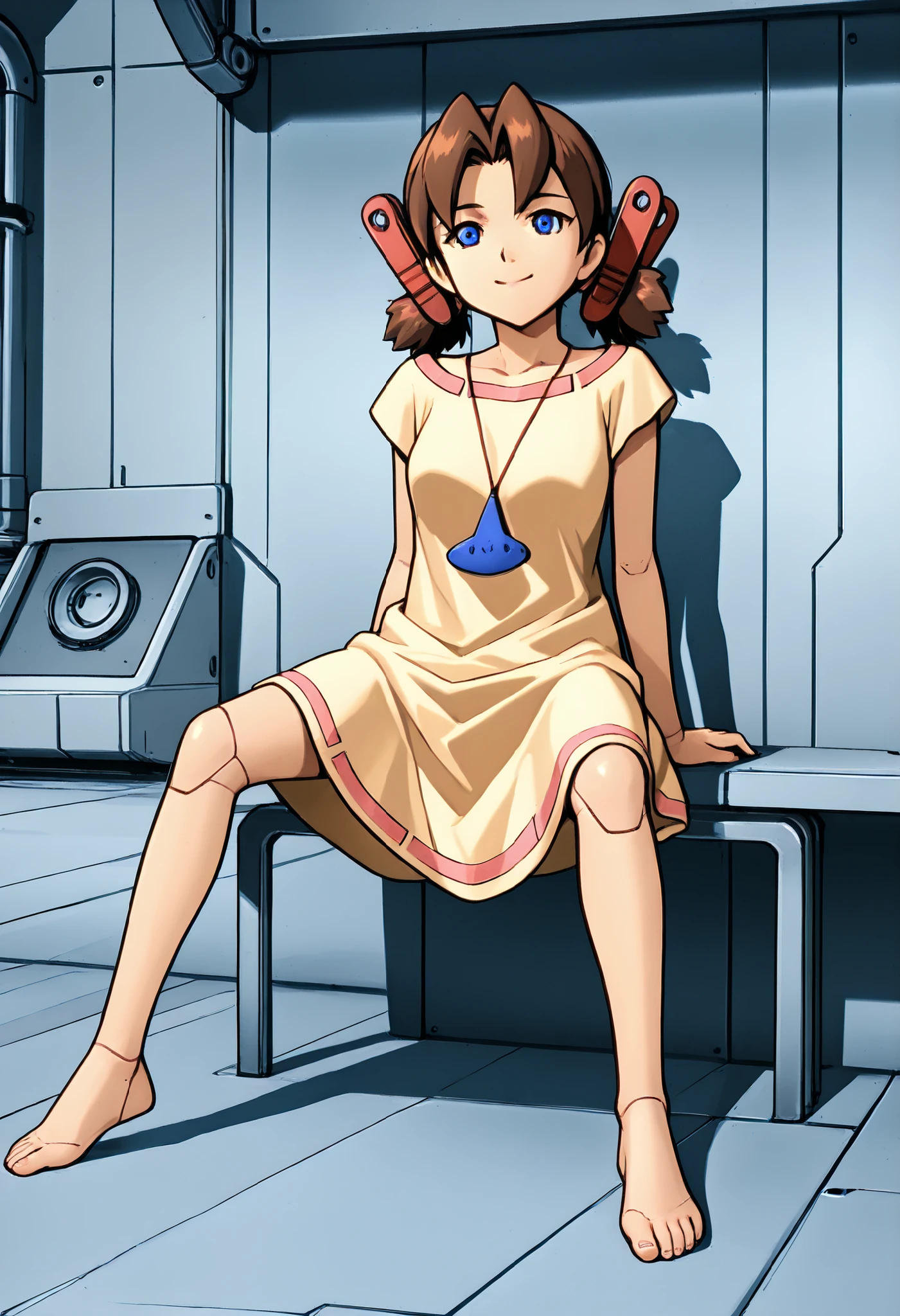 yellow dress,A mechanical mature lady is very short pigtails, brown hair, Hair tie with two red big crimson clothespins, android, blue eyes, anime picture. She wares only white panty. she laughs softly. angle from directly front view. full body figure. She closes her eyes. She smiles. barefoot. spread leg.full nude.