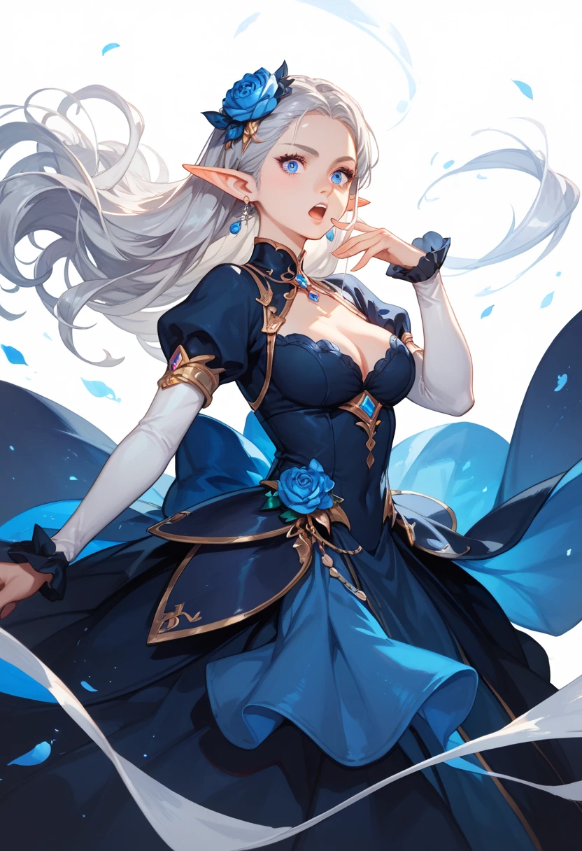 best quality, super fine, 16k, RAW photo, photorealistic, incredibly absurdres, extremely detailed, delicate, flashy and dynamic depiction, cute yet dignified beautiful elf, shy, short silver pixie cut hair, wind, wind-effect, red round eyes, slender proportion, leaning against a large tree in the lush grassland, background hazy, mysterious and fantastical, countless sparkling gold dust, motion-blur, action-lines