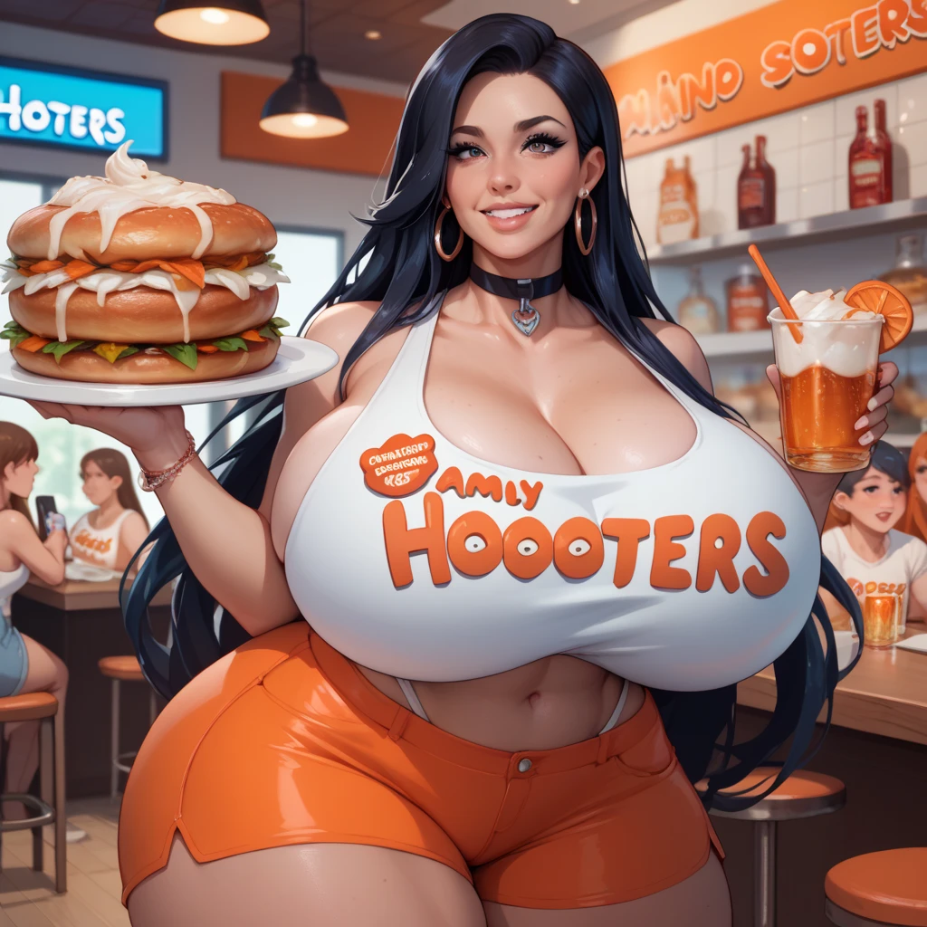 masterpiece, best quality, uncensored, source_anime BREAK score_9, score_8_up, score_7_up, score_6_up, score_5_up, score_4_up, 1girl, solo, tomino, horror (theme), long hair, long neck, tall female, Expressiveh, smile, huge breasts, thick thighs, wide hips, curvy, hooters, hooters_uniform, uniform, white shirt, tanktop, orange_shorts, print_tank_top, indoor, restaurant <lora:Expressive_H:0.6> <lora:add-detail-xl:0.5> <lora:Tominos_Hell:0.8> <lora:Hooters_Uniform:0.7>