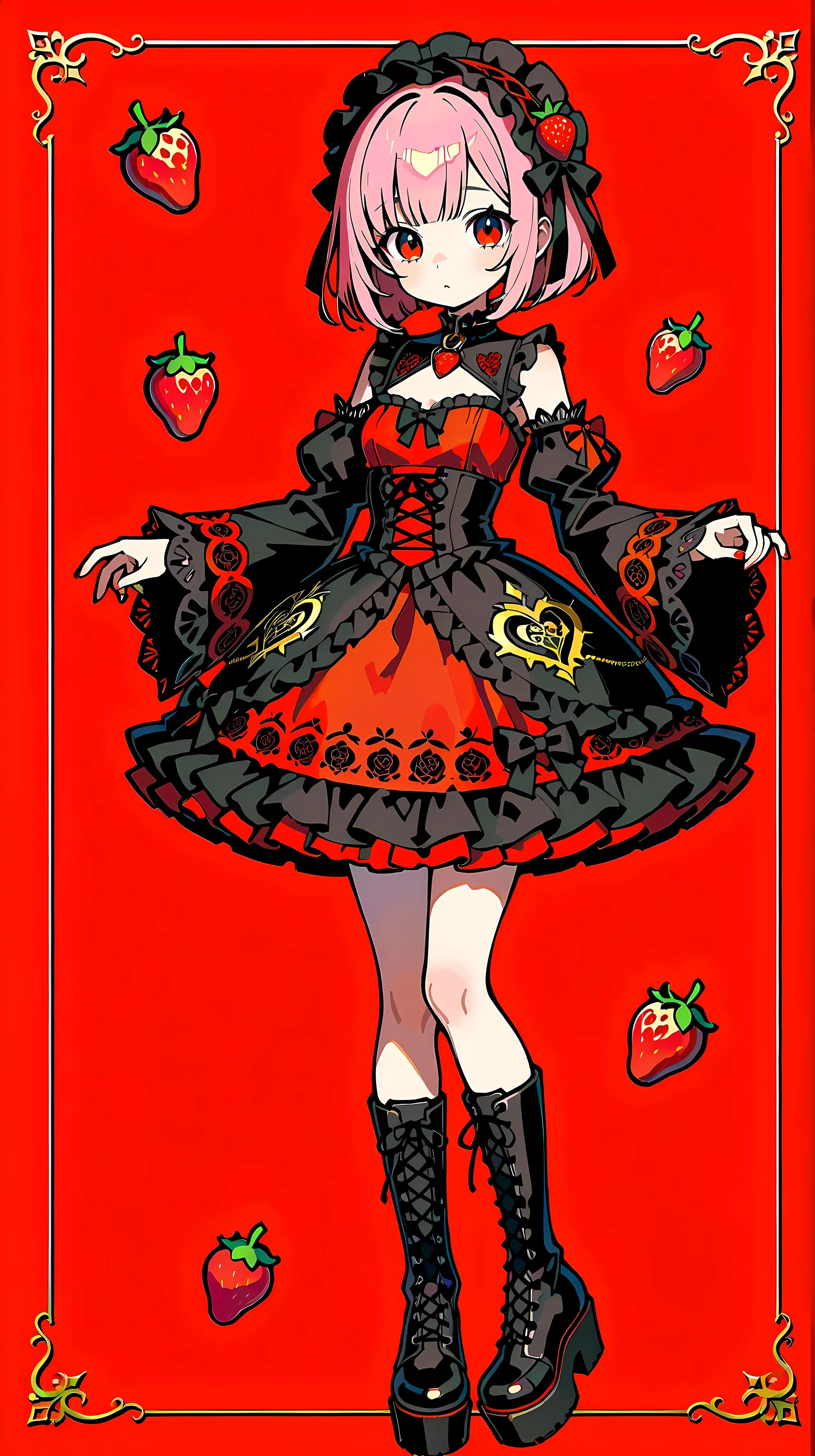 This full-body dress features incredibly detailed details, even the facial expressions are expressed in minute detail. 
Theme: Strawberry-themed gothic fashion. 
Girl: A cute 16-year-old Japanese girl with long, straight pink hair. 
Outfit: A cute gothic dress. Color: Deep red (strawberry red) and black are the main colors. The hem features a red gradient reminiscent of the cross-section of a strawberry, studded with tiny gold seeds (strawberry seed-like gold leaf). Design: High-neck lace collar (red and black strawberry lace pattern) Gothic-style embroidery (vines and small strawberry fruit) Sheer lace sleeves (scalloped hem, cut to resemble strawberry leaves) Multi-layered ruffle skirt (the outer tulle is a pale red sheer with a subtle saturation like fruit juice) Black and red platform boots with a lace-up design (the laces are strawberry-colored) 
Background: A sweet, pop gothic background incorporating the world of strawberry sweets. Cute ruffles at the top (strawberry-shaped cuto