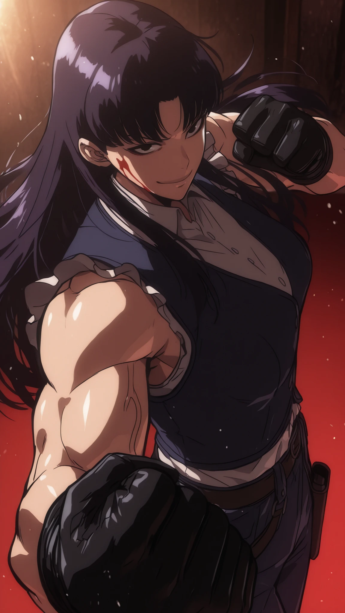 Roberta, long hair,  vest, white shirt, dark purple hair, black gloves, black eyes, eyes, tall girl, breast, closed mouth, robertatb, evil grin  sleeveless, holster, blood on her face, blood, boxing stance, fight stance, clenched fist, good Anatomy, solo leveling style, solo leveling artstyle, morning light, visible muscles through clothes, perspective, good perspective, close up 
