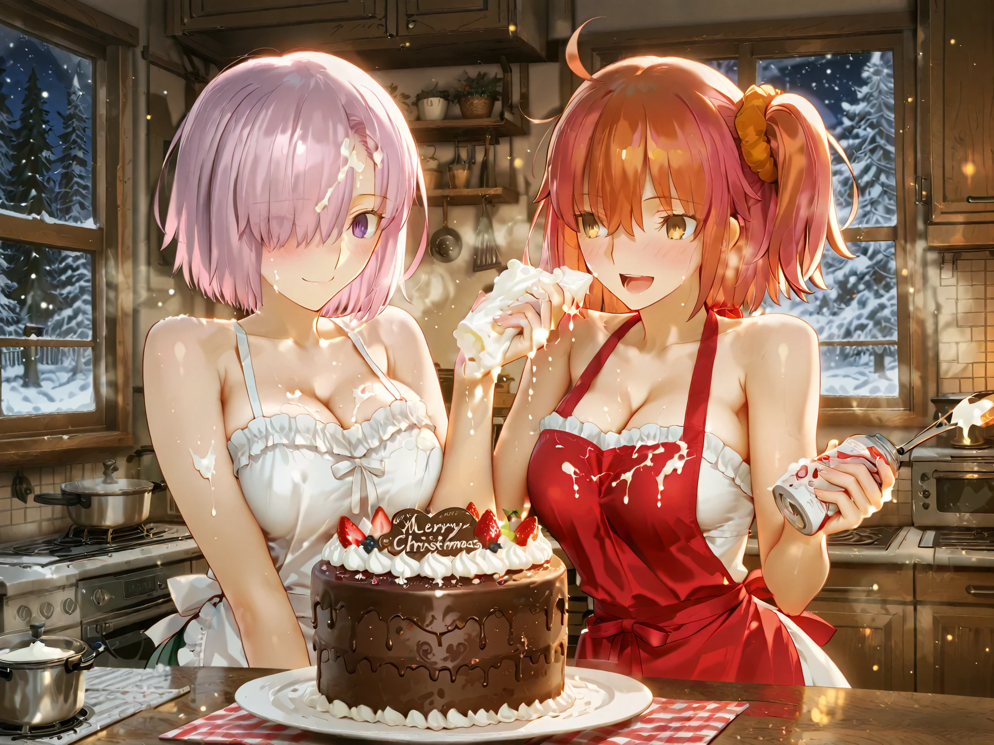 masterpiece, best quality, absurdres, 8k, ultra-detailed, anime style, takeuchi takashi, cinematic lighting, warm kitchen glow, yuri couple,
cozy Christmas kitchen at night, snow falling quietly outside large window, oven light on with sweet strawberry cake aroma, wooden counter covered in flour and cream,
((2girls making Christmas cake together)), soft yuri, playful and intimate,
personA: (Fujimaru Ritsuka female, aaritsuka, short orange hair with ahoge, orange scrunchie, yellow eyes), wearing red Christmas apron with white frills over tight white camisole that emphasizes voluptuous breasts, small cream spot on cheek and nose, happily whipping fresh cream with hand mixer, some cream splattered on chest and apron, laughing brightly while looking at Mash,
personB: (Mash Kyrielight, FGO, short pink-purple hair, hair over one eye, purple eyes), cute pink naked-apron style with only thin strap camisole underneath that clearly shows large breasts and cleavage, big dollop of cream on her forehead and cheek, holding strawberry with cream-covered fingers, shyly reaching to wipe cream off Ritsuka’s face but getting wiped back instead, both bursting into laughter, faces close, blushing deeply,
cream on faces and fingers, mutual gentle wiping with loving gaze, strawberry cake half-decorated on counter, warm oven light + cool snow window light, soft steam and flour particles in air, ultra-detailed skin and fabric, (voluptuous breasts:1.25), (cleavage visible), (apron barely containing chest)