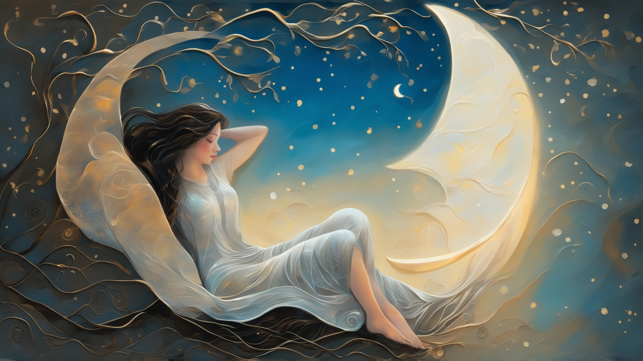 A girl sleeps at the crescent moon, She is lying on the moon, her whole body, the moon is her bed, surrounded by silver sparkles , painterly look, , middle byzantine, nature pattern, mozarabic, matte, acrylic painting, gouache painting, ablaze colors, romanticism, shpongle, sparklecore, dry brush painting, pointillism, shimmering lights, triboluminescence, Lois Van Baarle style, Esao Andrews style, abstract digital art, corel painter, Burne Jones style