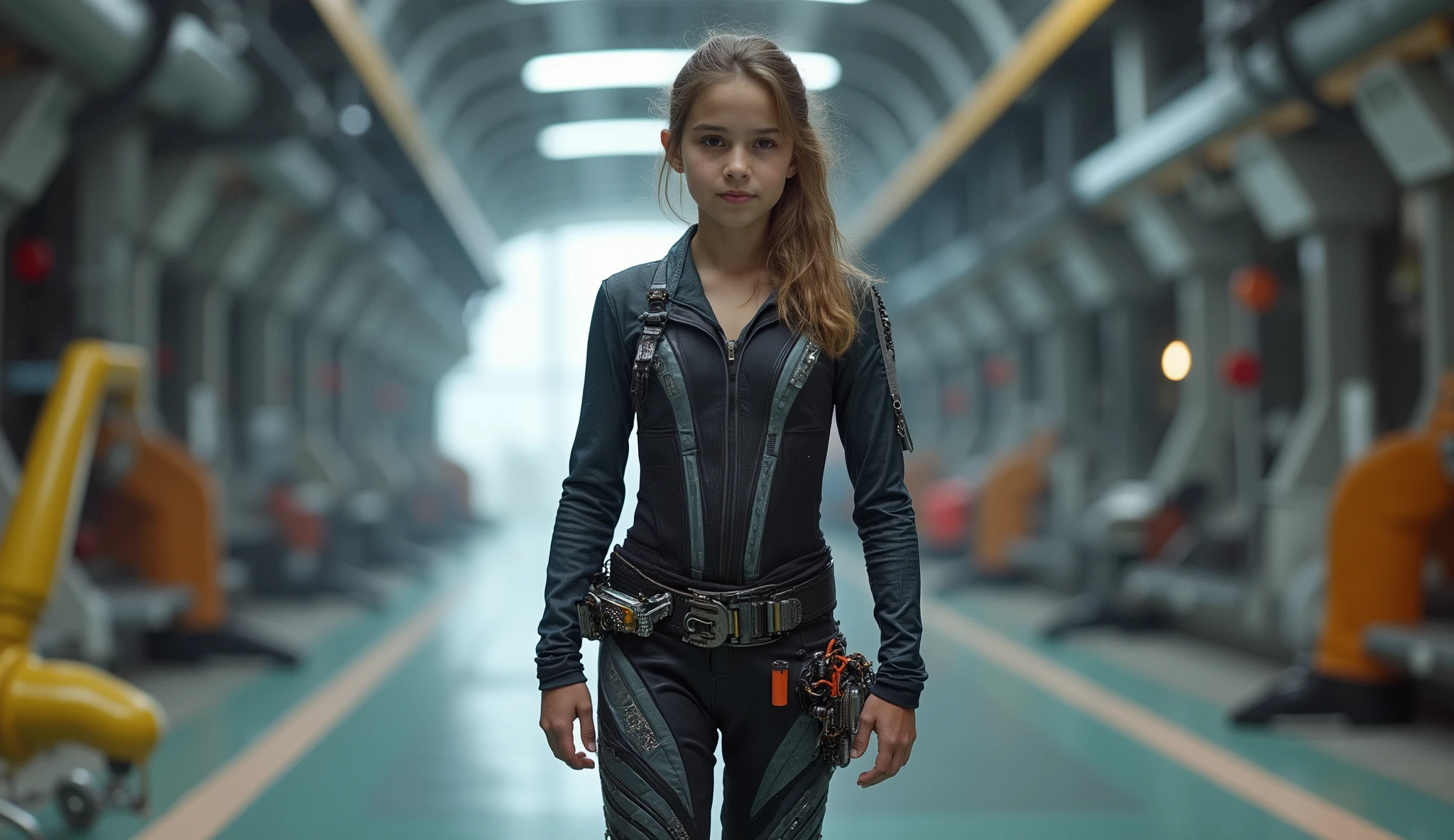 High-quality full-length photo of a Twelve-year-old girl, in the image of a space fleet engineer, in a tight-fitting, thin and elastic, smaller than the equipment needs, made of super-thin high-tech material with transparent inserts, with a deep neckline open to the waist, with a belt with repair gadgets,repair droid in the hangar