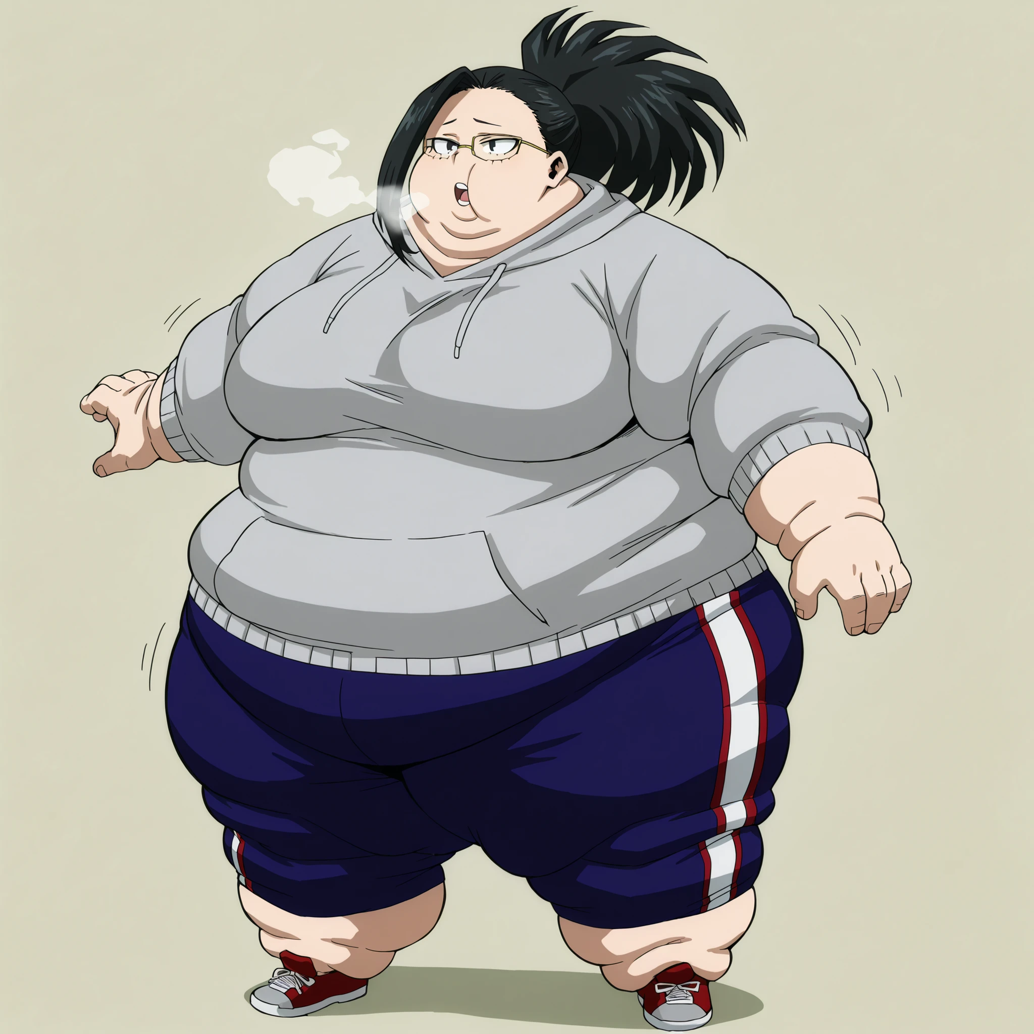 Momo Yaoyorozu from My Hero Academia ,1girl, solo, m0y4, black hair, ponytail, black eyes, messy hair, glasses, braces, face ackny, hoodie, sweatpants, shoes, breasts, fat, chubby, obese, fat neck, multiple chins, big breasts open mouth, out of breath, Larger female, full body shot, only head, large head, oversized limbs, large hands, large feet, oversized feet, oversized fingers, big lips, plump lips, fat face, fupa, big fupa, fat fupa,