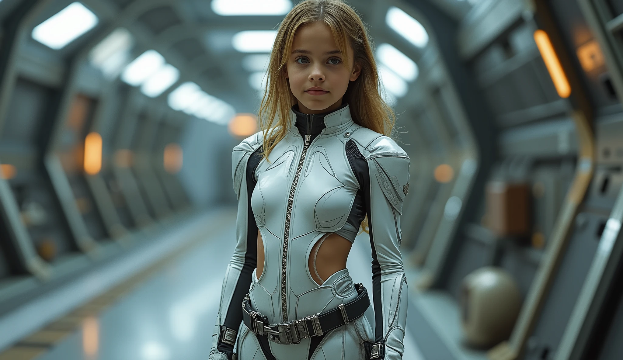High-quality full-length photo of a Twelve-year-old girl, in the image of a space fleet engineer, in a tight-fitting, thin and elastic, smaller than the equipment needs, made of super-thin high-tech material with transparent inserts all over the girl's body and elegant cuts, with a deep neckline open to the waist, with a belt with repair gadgets,repair droid in the hangar