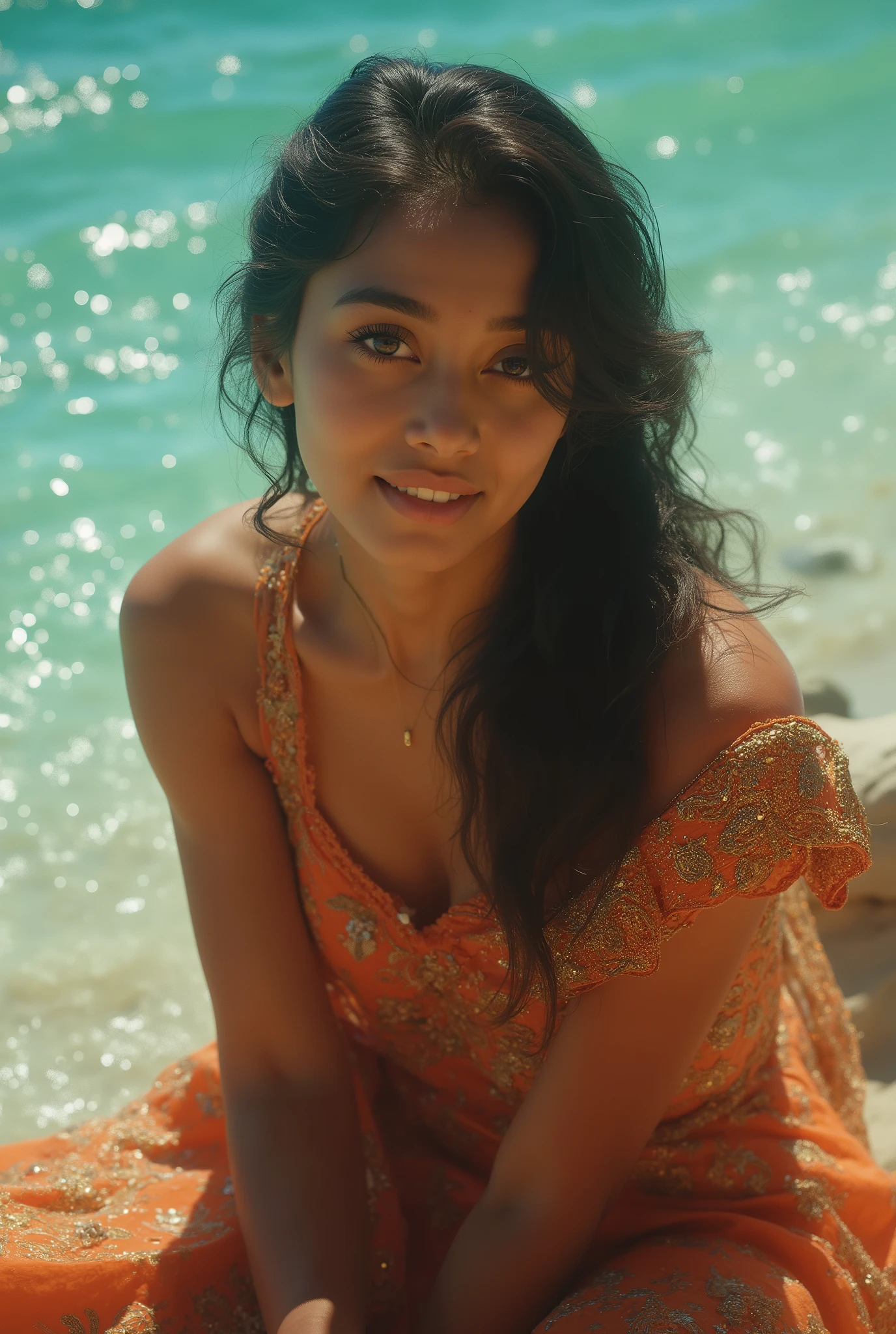 (best quality,4k,8k,highres,masterpiece:1.2),ultra-detailed,(Ultra-realistic, photorealistic,photo-realistic:1.37), 1 beautiful young Indian girl, brown skin, 17yo, no make up, Masterbate, feeling orgasm, seductively, sitting on coral coast in Australia, detailed iridescent eyes, delicate facial features, long eyelashes, peaceful expression, colorful dress, detailed folds and textures, Sparkling Waves, cool vibrant colors, cinematic lighting, 8k, high quality, photorealistic, masterpiece, studio lighting, detailed texture, cool colors, black hairs