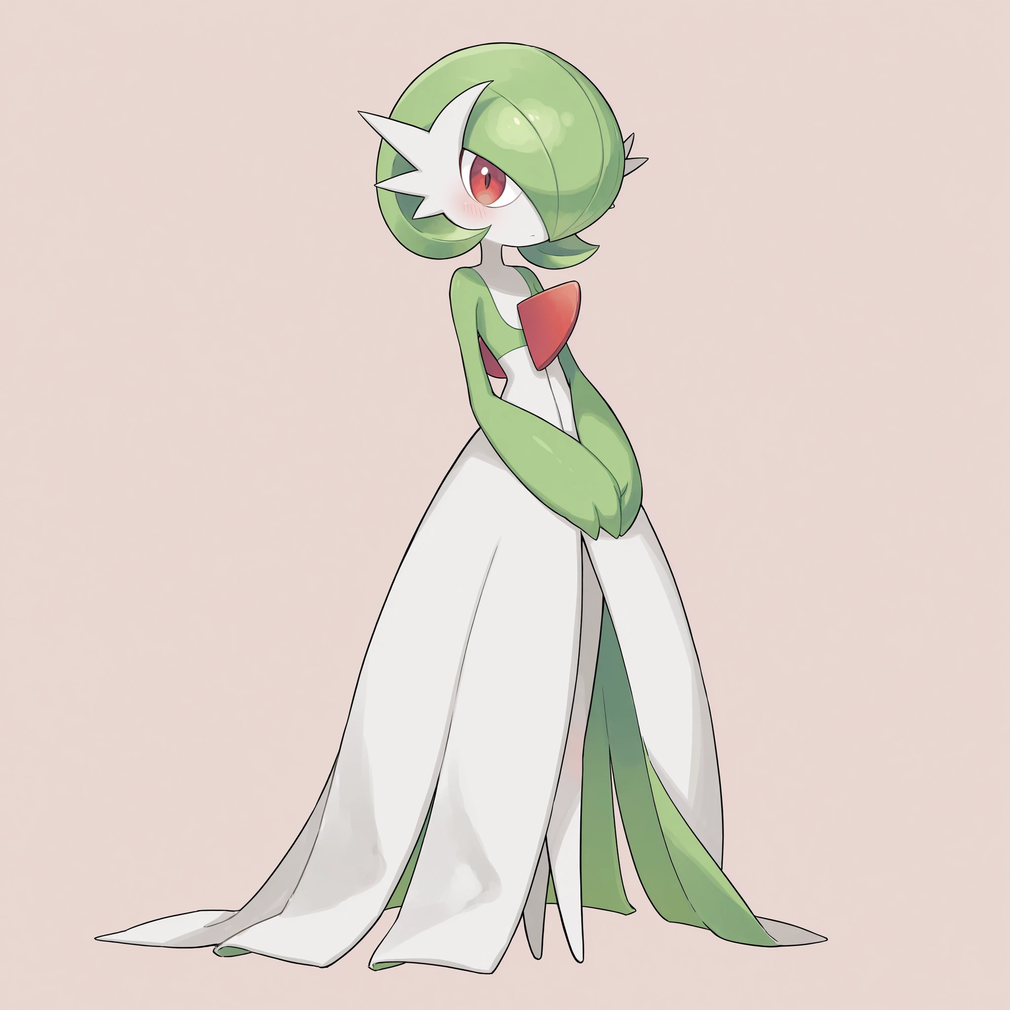 quality, very aesthetic, 8K, best quality, beautiful, ultra-high resolution, 32K UHD, sharp focus, 1woman, solo, Gardevoir, pokemon (creature), green hair, short hair, red eyes, white skin, white dress, green sleeves, slim, blush, serious, cute, hands on lap, standing, full body, looking at viewer, simple background, front view
