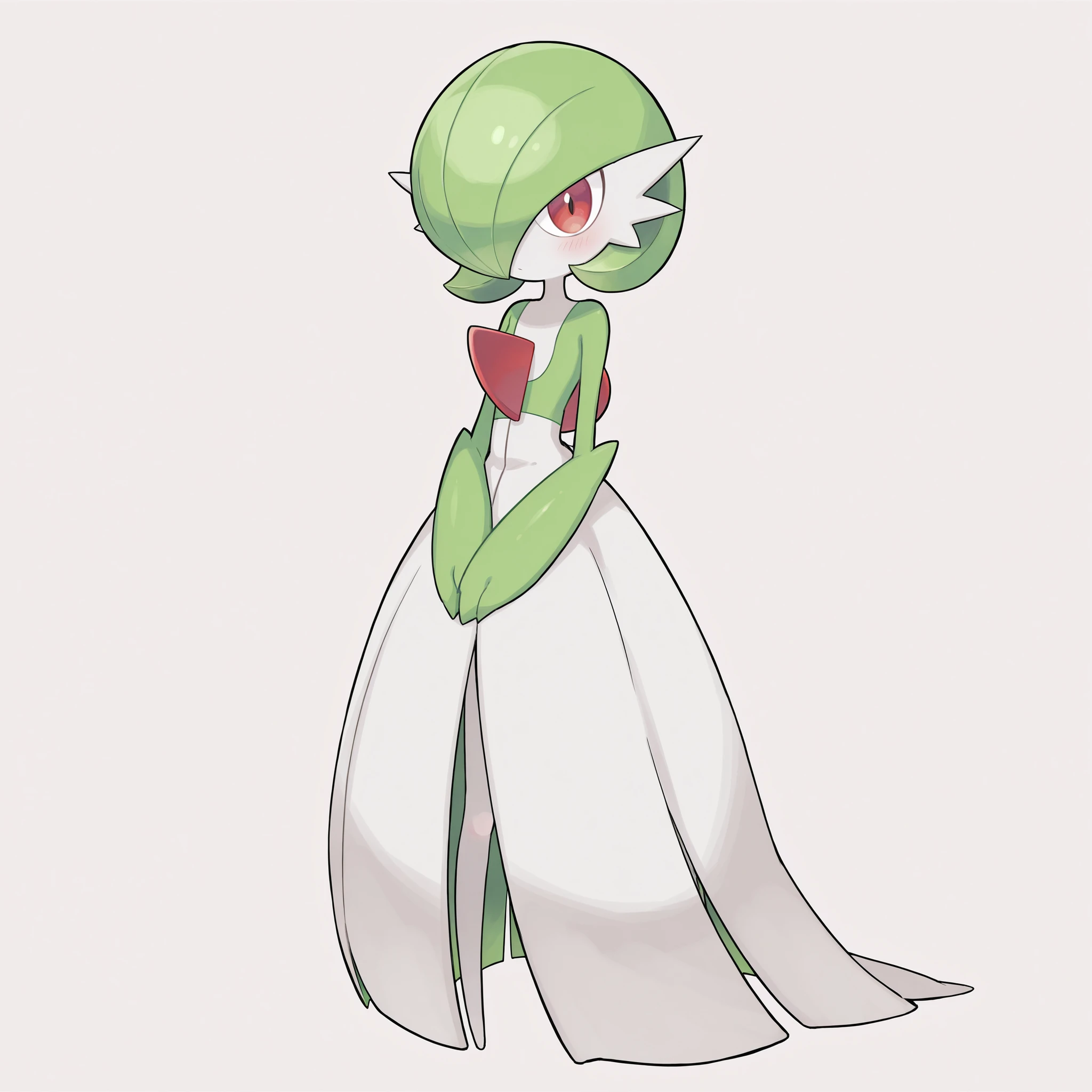 quality, very aesthetic, 8K, best quality, beautiful, ultra-high resolution, 32K UHD, sharp focus, 1woman, solo, Gardevoir, pokemon (creature), green hair, short hair, red eyes, white skin, white dress, green sleeves, slim, blush, serious, cute, hands on lap, standing, full body, looking at viewer, simple background, front view