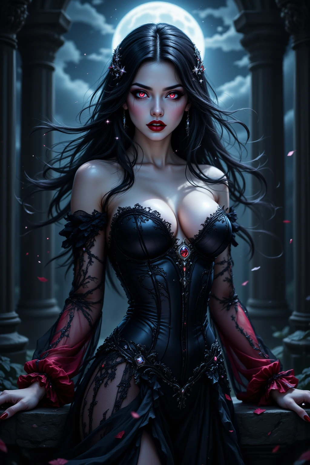 (masterpiece, top quality, best quality, official art, beautiful and aesthetic:1.2), (1girl:1.3), long and curly dark brown hair, ((extravagant updo)), Victorian style, extremely detailed, portrait, looking at viewer, solo, (full body:0.6), detailed background, close up, mischievous eyes, (cold midnight castle theme:1.1), extremely busty vampire, long fangs, blood on chin, huge lips, charlatan, smirk, mysterious, being seductive on a balcony, revealing gothic dress, lace, extremely tight bodice, black attire, red skirts, off shoulder, long sleeves, loose sleeves, black leather, cloak, corset, black dress, fishnets, thigh high black boots, buckles, straps, pouches, glowing blood magic energy, dark red fabric, silver trim, black leather, ????????????????, cleavage, ?????????????, slim waist, slim ????, long legs, medieval (gothic castle exterior:1.1) background, nighttime, dark mysterious lighting, shadows, magical atmosphere, dutch angle