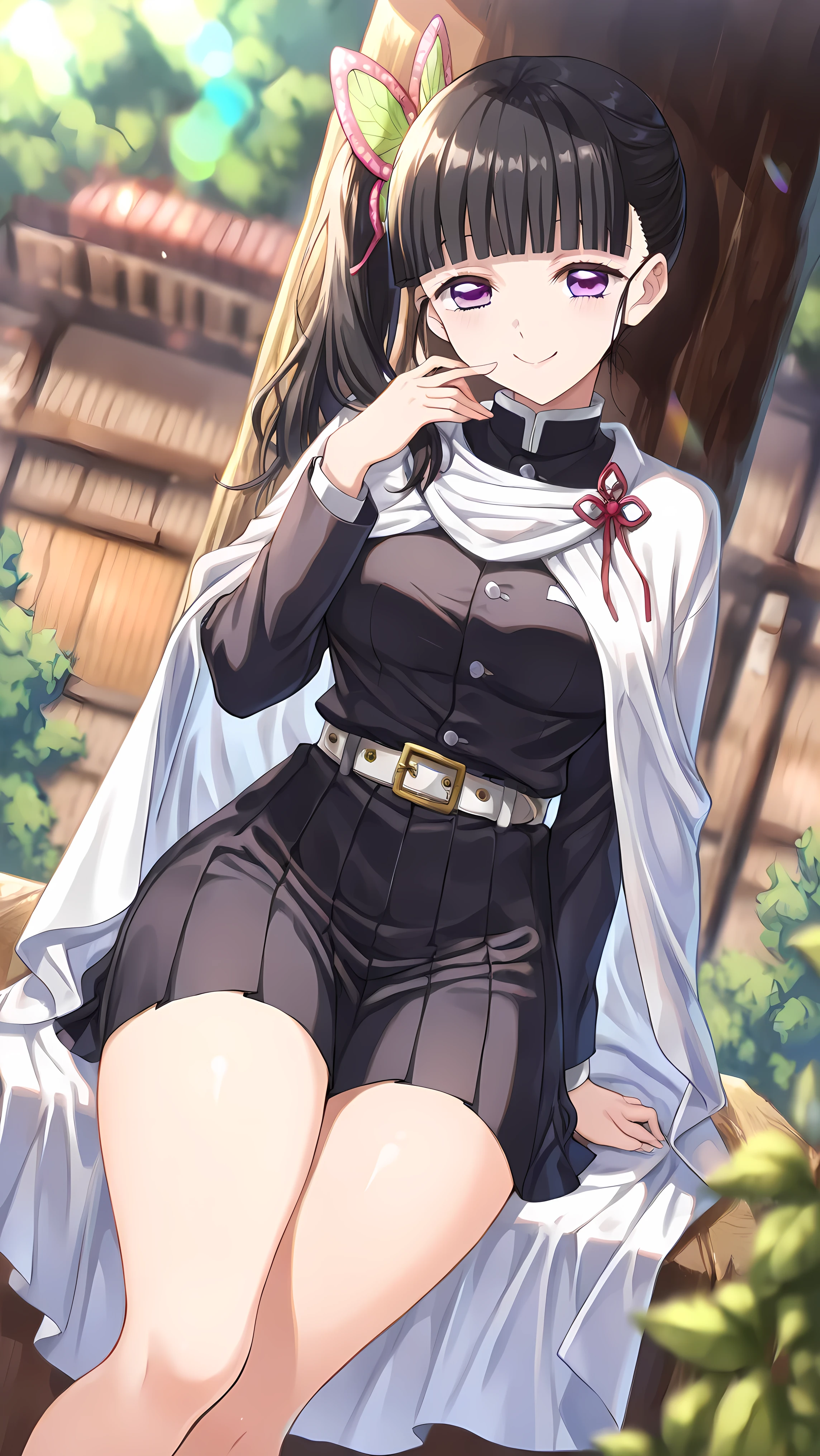 Score_9, Score_8_up, Score_7_up, Score_6_up, Score_5_up, Score_4_up, Source_authentic, masterpiece, best quality, amazing quality, very aesthetic, high resolution, ultra-detailed, absurdres, newest, scenery,(depth of field:1.5),
(super fine illustration,professional quality,ultra high res), beautiful detailed eyes,
(high brightness),
break
aakanao, long hair, black hair, side ponytail, hair ornament, blunt bangs, purple eyes, , white cape, black shirt, long sleeves, white belt, pleated skirt, black skirt,aakanao, long hair, black hair, side ponytail, hair ornament, blunt bangs, purple eyes, , black shirt, long sleeves, white belt, pleated skirt, black skirt,, 

((extremely detailed background)), Lots of elements in background,((super-detailed background)), outdoors, A scene from everyday life, ((8K wallpaper)),,

cheerful smile, Glossy eyes, Animated, , , Glossy skin Thighs, , ideal ratio body proportions, (Cute Illustration: 1.3), (High Saturation: 1.3), Cute face and eyes, Dynamic lighting,, stylish, random pose, looking at viewer, (Dutch angle: 1.2),(dynamic angle: 1.2)