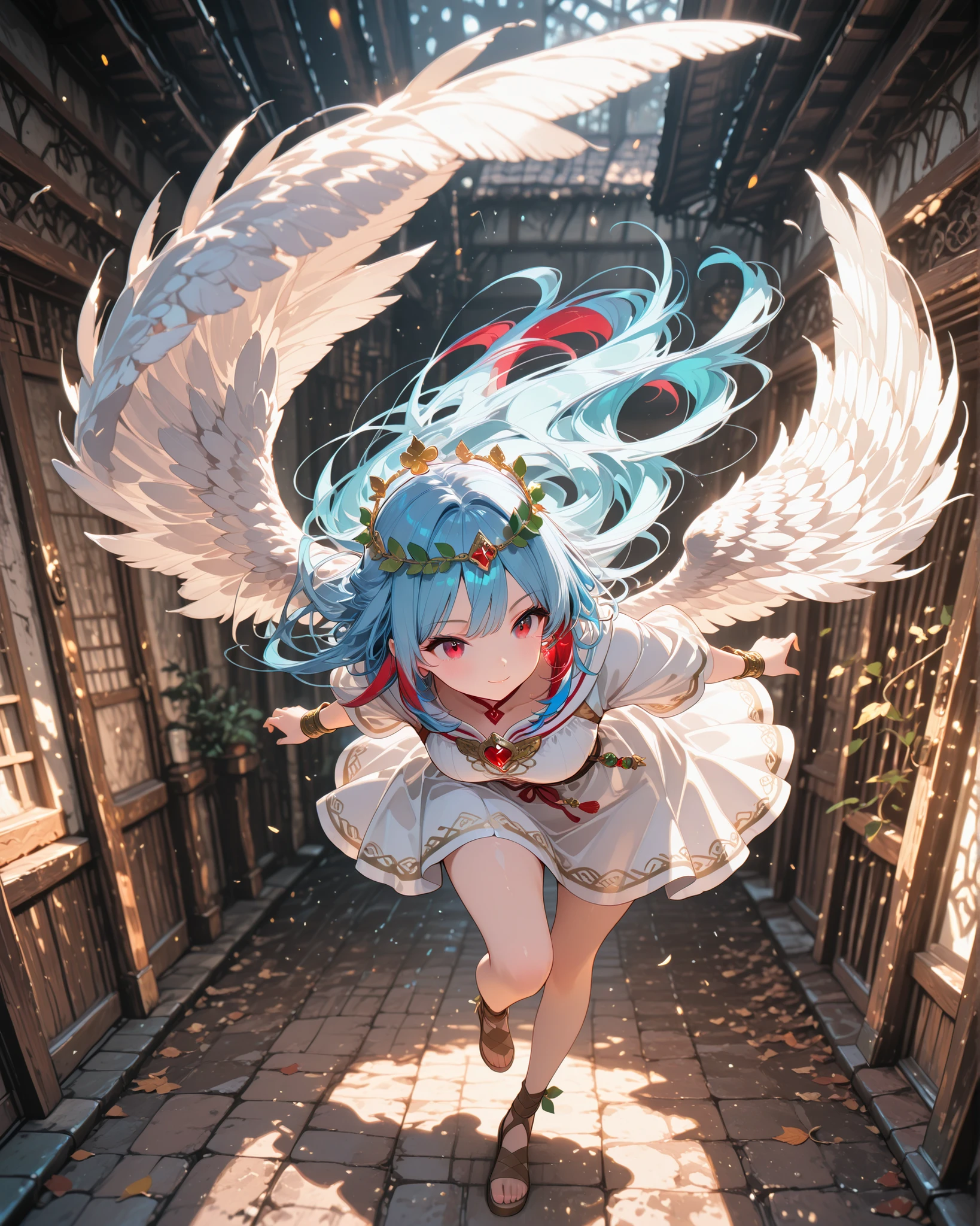 front angle, (masterpiece, 4K, ultra-detailed, vivid and vibrant colors), {Jasmine}: (a beautiful and attractive woman with long blue hair and red streaks, red eyes, wearing a short white tunic and a crown of leaves on her head, brown sandals, a just one only white angel wing on her back, dynamic pose, cute expression), a magical background, like a well-lit retro video game with shadows.