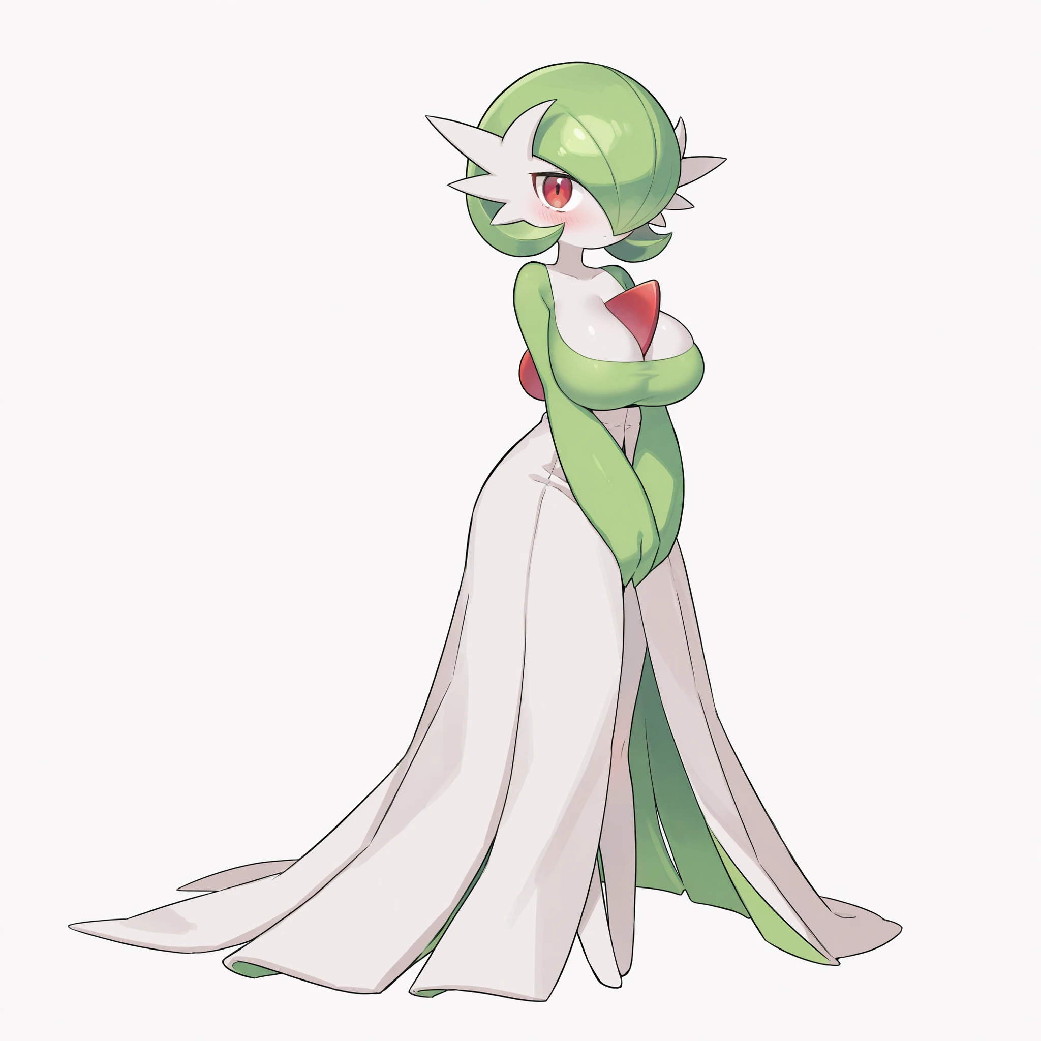 quality, very aesthetic, 8K, best quality, beautiful, ultra-high resolution, 32K UHD, sharp focus, 1woman, solo, Gardevoir, pokemon (creature), green hair, short hair, red eyes, white skin, white dress, green sleeves, slim, huge breasts, blush, shy, cute, hands on lap, standing, full body, looking at viewer, simple background, front view