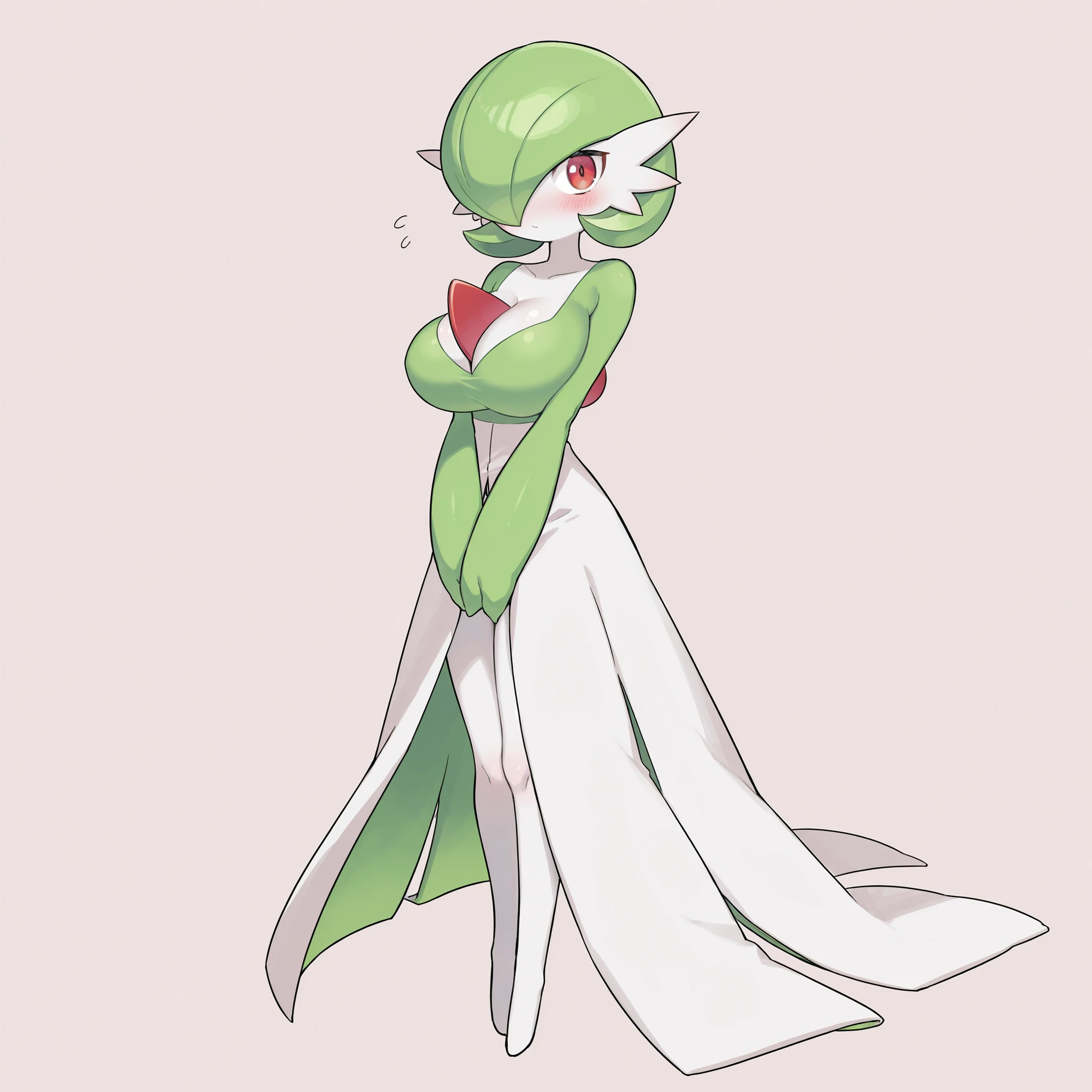 quality, very aesthetic, 8K, best quality, beautiful, ultra-high resolution, 32K UHD, sharp focus, 1woman, solo, Gardevoir, pokemon (creature), green hair, short hair, red eyes, white skin, white dress, green sleeves, slim, huge breasts, blush, shy, cute, hands on lap, standing, full body, looking at viewer, simple background, front view