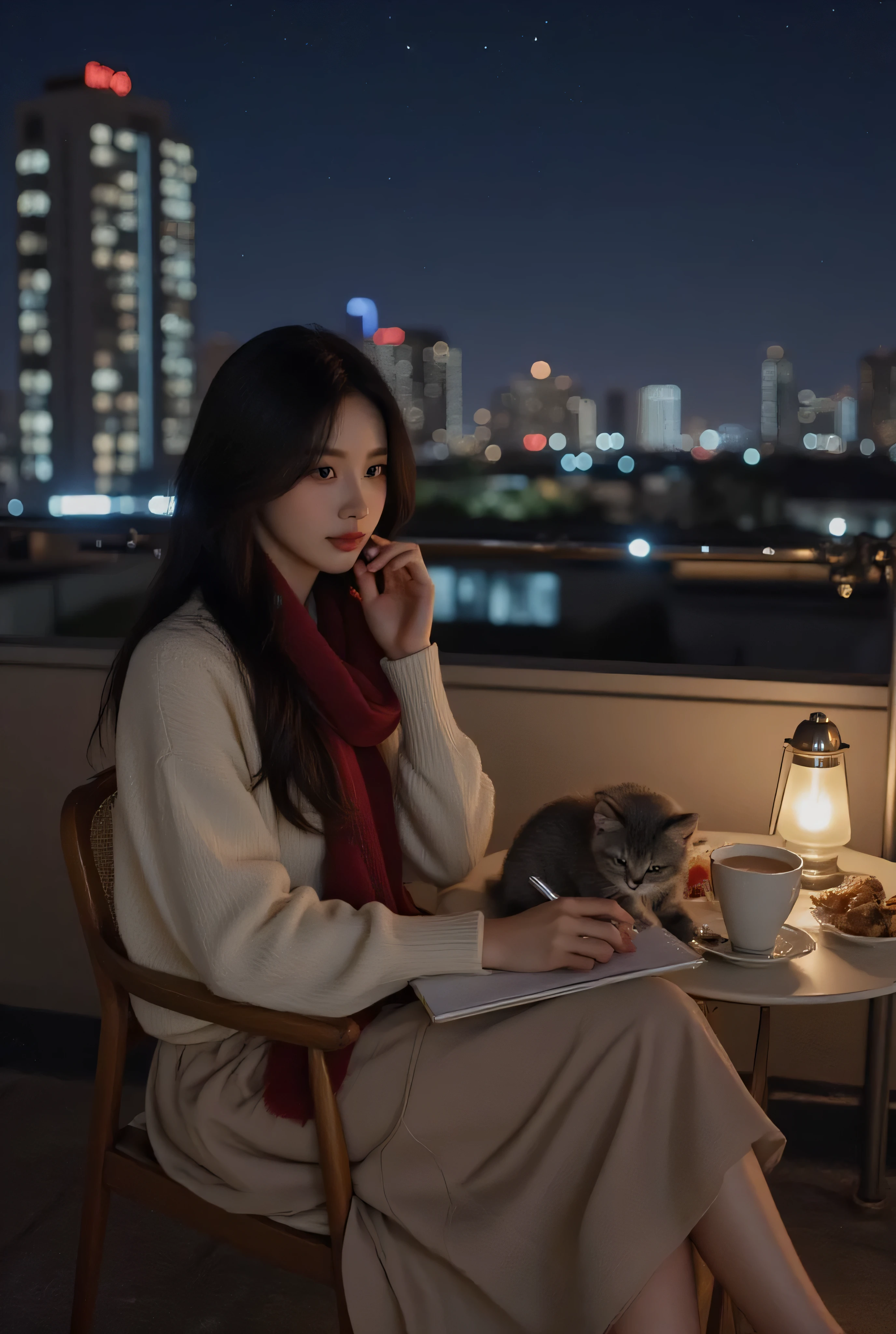 jiyeon_oc:1.2, Realism, medium close-up, upper body shot of Ji Yun, the INFJ singer-songwriter character. She is seated comfortably on a chair near the rooftop ledge of a tall building, holding a notebook and pen. Next to her is a slightly larger table with her gray-furred kitten playfully resting, a steaming mug of coffee, and simple snacks arranged neatly. On the table, a small warm lamp glows softly, adding a gentle, cozy atmosphere. Ji Yun gazes softly toward the sparkling city night view, her long black hair gently tousled by the rooftop breeze. She wears a vintage cream sweater, a beige midi skirt, and a red wool scarf. The atmosphere is serene and sentimental, illuminated by the warm lamp light and the glittering urban nightscape in the background. Background: clear night sky, glowing stars, and twinkling city lights. Mood: peaceful, creative, emotional urban realism, perfect for lip-syncing a ballad song. 조명을 받아 밝은 얼굴 피부톤. 앞모습 근접 클로즈업 줌인.