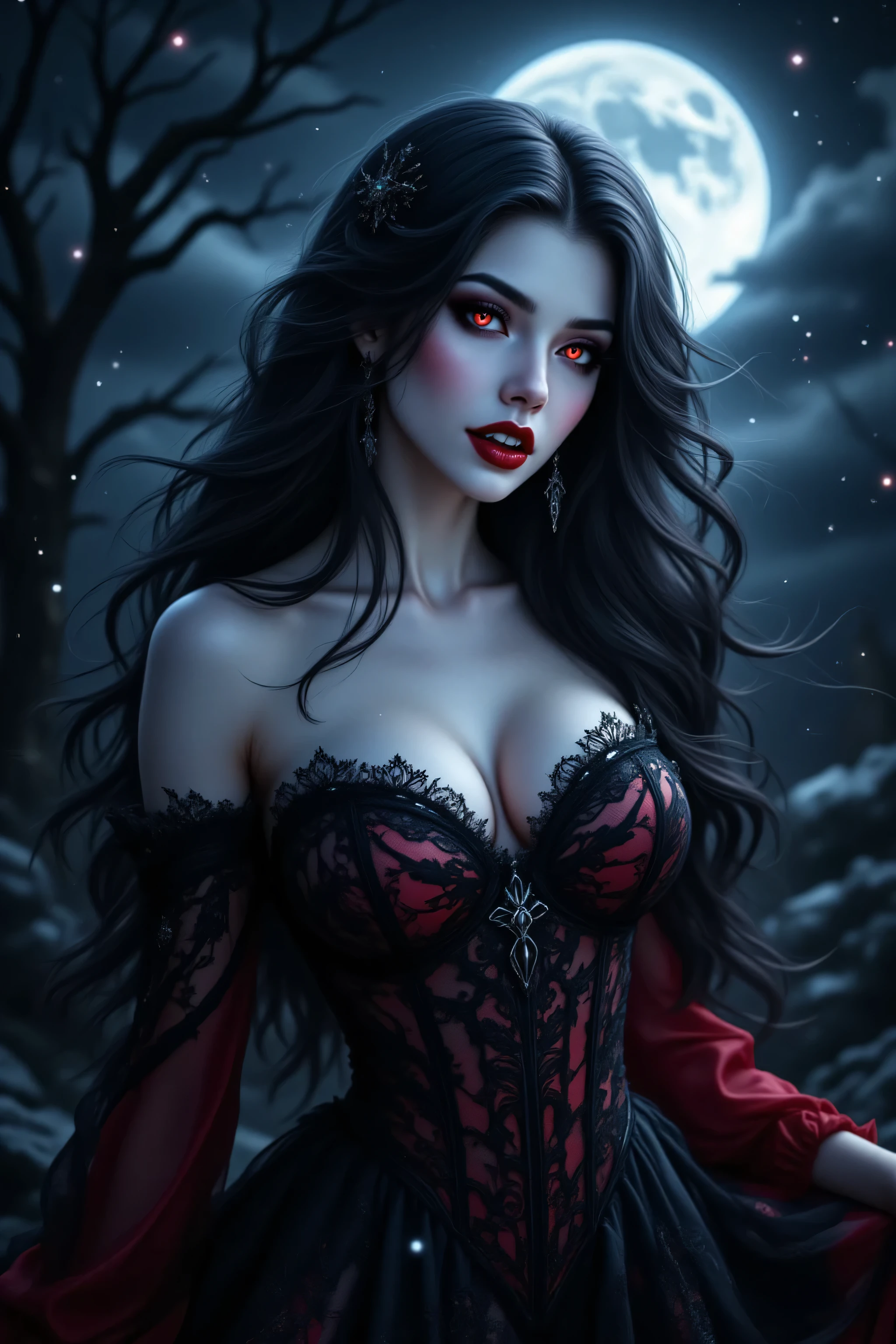 vampz,zavy-ctcmcs,w1n,hyp3rd3tail style,OMNH,,a picture of an epic beautiful female vampire, (vampire fangs), ghostly beauty , wearing transluminescent dress , black silk dress , intricate dress , white dress, red sleeves , epic beautiful female vampire , pale skin perfect body , ghostly beauty , serene beauty , lush hair , long hair , red glowing eyes , vampire fangs , stars entwined in the woman's hair , light caress the woman , moon light caress the dress , fantasy art , night time , the moon rises , creating award winning , photorealism , depth of field , hyper realistic