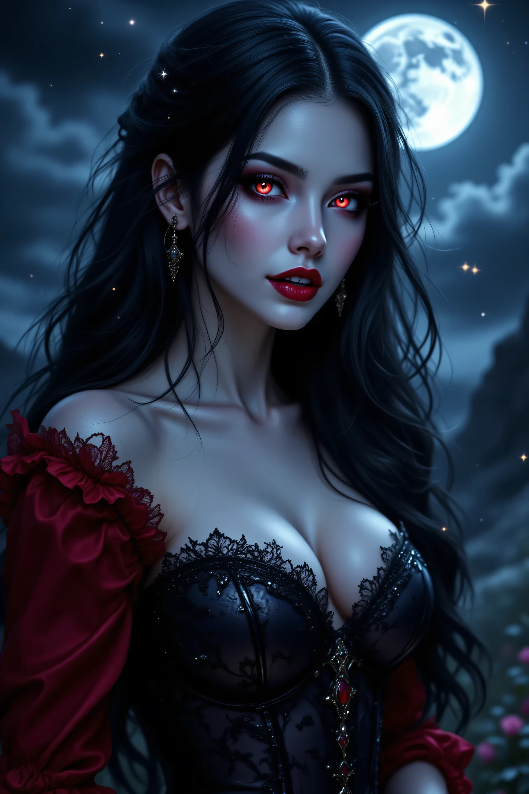 vampz,zavy-ctcmcs,w1n,hyp3rd3tail style,OMNH,,a picture of an epic beautiful female vampire, (vampire fangs),  ghostly beauty , wearing transluminescent dress , black silk dress , intricate dress , white dress, red sleeves , epic beautiful female vampire , pale skin perfect body , ghostly beauty , serene beauty , lush hair , long hair , red glowing eyes , vampire fangs , stars entwined in the woman's hair , light caress the woman , moon light caress the dress , fantasy art , night time , the moon rises , creating award winning , photorealism , depth of field , hyper realistic