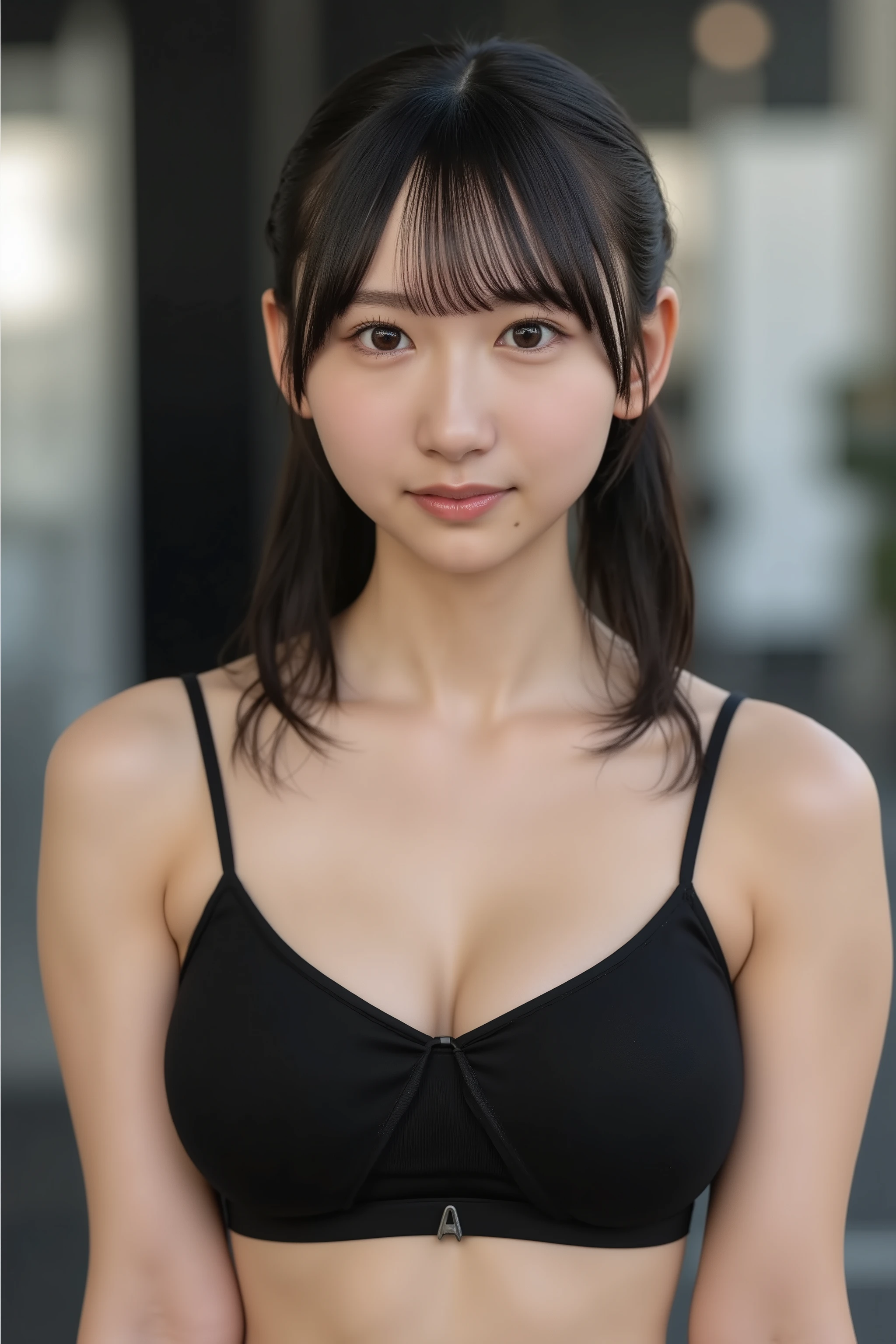 Beautiful girl, one young girl, detailed face, realistic textured skin, perfect anatomy, perfect finger, very cute face, highly detailed eyes, highly detailed face, Fresh, very beautiful appearance, Ultra-realistic, High resolution, highest quality, RAW photo, realistic, professional photography, (A girl in black sports bra, sports wear), large breasts, (sweaty cleavage:1.3), smile a little, look at me, cinematic lighting, gym, detailed face and skin texture,