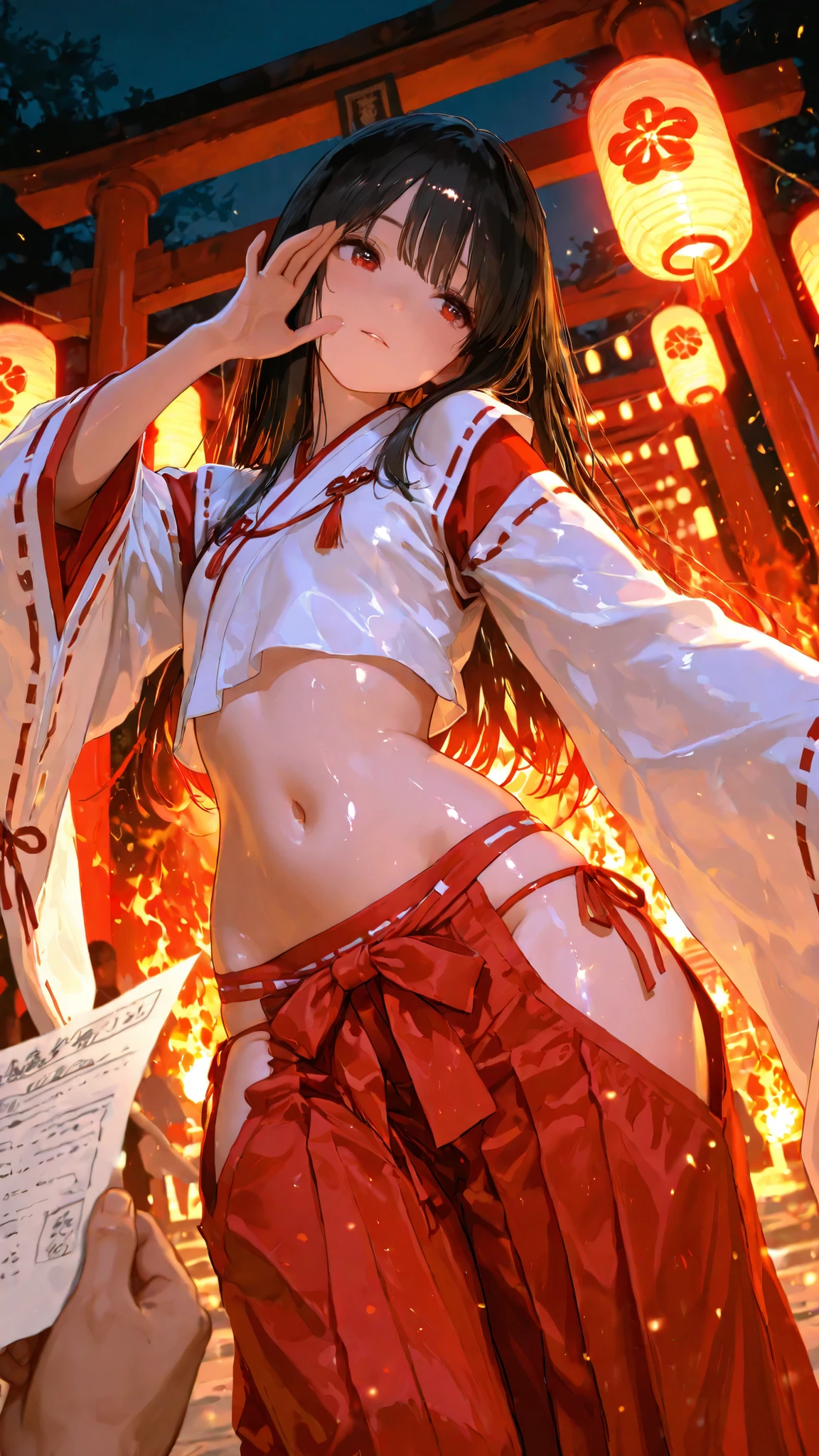 best quality, photography, finely detail, young shrine maiden, authentic miko attire, long black hair, white and red traditional outfit, extending arm forward to camera, direct eye contact, night time fire festival, dancing flames lighting her face from below, sacred torii gate visible behind, festival crowds in soft focus, handheld paper lantern in her other hand, immersive first-person view, Japanese cultural celebration,wide hips,lowleg hakama, face focus, head tilt, shiny skin, navel