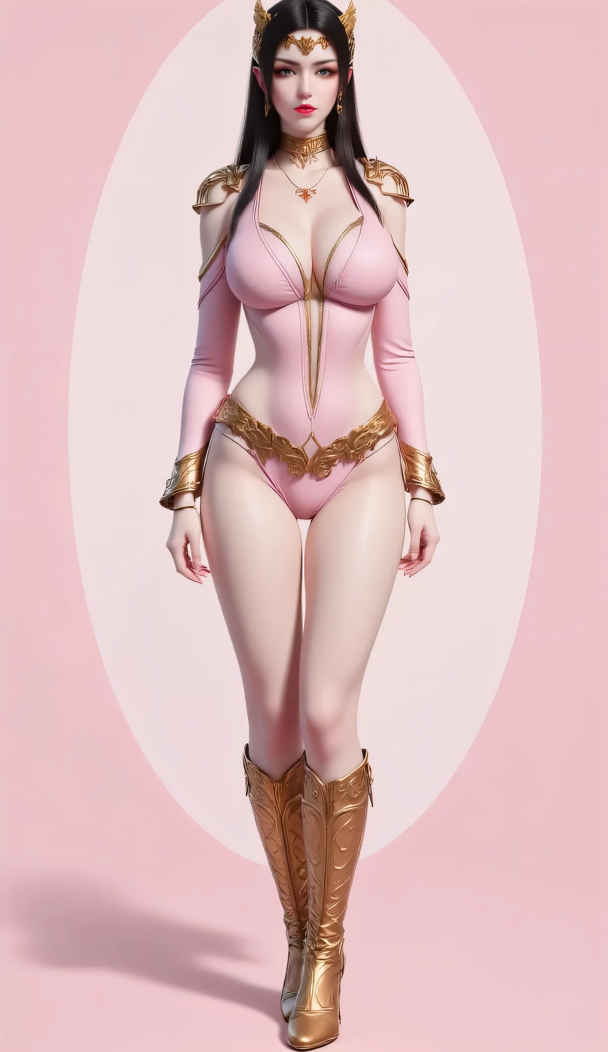 A full-body digital rendering of a woman with dark hair and fair skin stands against a soft pink background. She wears a light pink, form-fitting outfit that includes a deeply plunging neckline, long sleeves, and short shorts. The ensemble is adorned with intricate gold detailing, including shoulder accents, a patterned belt with hanging chains, and designs along the seams. Her dark hair is styled long and straight, complemented by a gold headpiece. Her makeup features dark eyeliner and pink lips. She completes her look with ornate, knee-high golden boots. A large, lighter pink oval shape is visible behind her, providing a subtle spotlight effect.