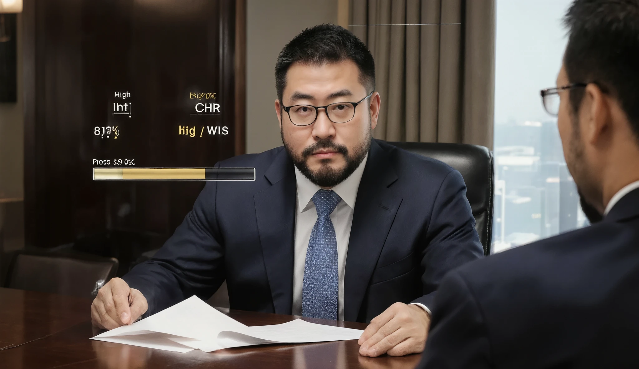 george pei, george bernard, mature Asian man, man in his 30s, Caesar haircut, rounded face, beard, short hair, beefy body type, glasses, A hyper-realistic, high-stakes business negotiation scene set in a modern, well-lit corporate boardroom.
The central figure is a **Japanese Salaryman (Company Employee)**, mid-30s, dressed sharply in a suit, with a determined yet slightly nervous expression. He is seated across a polished mahogany table from the **Opposing Company's President**, an older, powerful-looking man with a stern, scrutinizing gaze.
Both are holding documents, and the atmosphere is tense.
**Crucially, overlay the image with a transparent Heads-Up Display (HUD) or RPG Status Screen.**
2. HUD/ステータス表示の指示 (RPG Overlay)
画面の左上または右下に、以下に示すステータスウィンドウを具体的に描写するよう指示します。
The HUD must clearly display the following five stats, positioned near the Salaryman's head or on the side of the screen, as if a gamer's interface:
* **体力 (HP/STR):** Displayed next to a health bar, perhaps at 80%.
* **知力 (INT/WIS):** Displayed as a high number, reflecting his preparation.
* **魅力 (CHR):** Displayed next to a bar that is fluctuating or slightly drained due to the tension.
* **集中力 (MP/CON):** Displayed next to a mana/focus bar, indicating active consumption during the tense meeting.
* **財力 (GOLD):** Displayed as a background number or small icon, representing the high value of the deal.
The text for the stats should be rendered in a **stylized, visible font**, appearing "digitallPhotography, cinematic lighting, sharp focus on the faces, high contrast, depth of field, corporate environment, UI/UX overlay design, photorealistic.A hyper-realistic, high-stakes business negotiation scene set in a modern, well-lit corporate boardroom. The central figure is a **Japanese Salaryman (Company Employee)**, mid-30s, dressed sharply in a suit, with a determined yet slightly nervous expression. He is seated across a polished mahogany table from the **Opposing Company's President**, an older, po