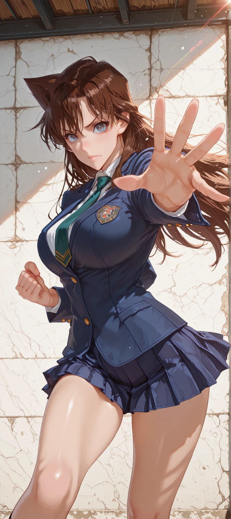 ( She doesn't look at the viewer )), ((Simple Background)), intricate details, High quality, aesthetic, ultra detailed, ((masterpiece, detailed:1.2), ((dramatic knee-length image)), Fantasy eyes, medium breasts, body fit, soft curves, hand, 1girl, mouri ran,brown hair, blue eyes, long hair, breasts, large breasts, Lens flare, medium breasts, skirt, shirt, long sleeves, school uniform, jacket, white shirt, pleated  skirt, necktie, collared shirt, mini skirt, blue  skirt, blazer, blue jacket, green necktie, Casual Pose, better angle,  kongou pose , outstretched arm, outstretched hand, clenched fist,