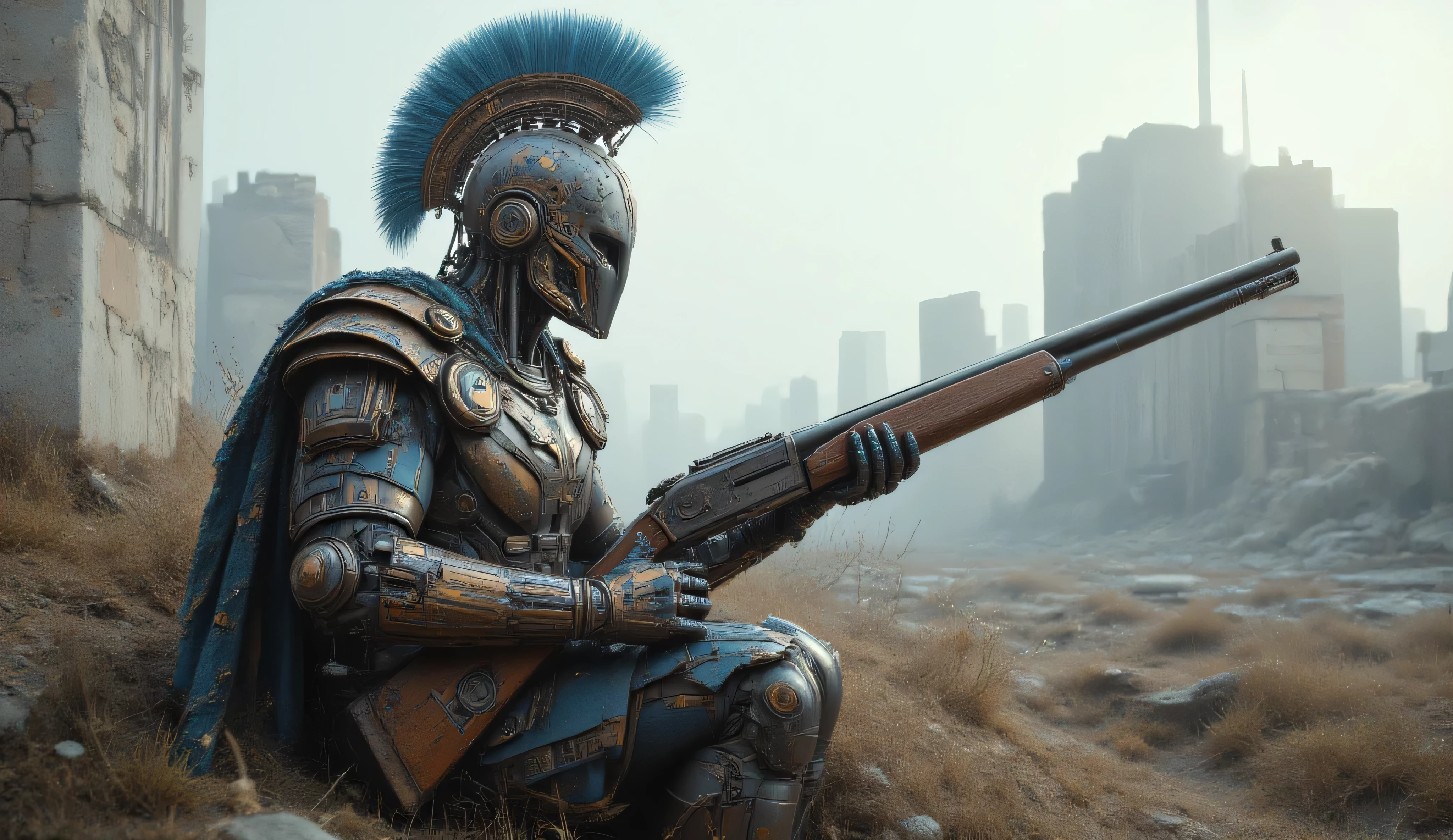 A Greek hoplite in copper high-tech armor with blue elements. He holds a creepy Remington 870 shotgun. He's sitting in a trench. His helmet has a blue crest. The sky is white, and the sun is dim. There are ruins of marble ancient buildings. It's a horror scene.