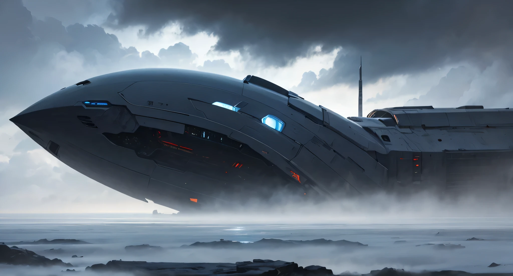 Ultra realistic cinematic sci-fi environment. Massive futuristic architecture fading into thick fog, soft atmospheric lighting, drifting snow or dust. Minimal, quiet, moody tone with large scale structures. Film-like softness, atmospheric haze, subtle depth. Color palette undefined.