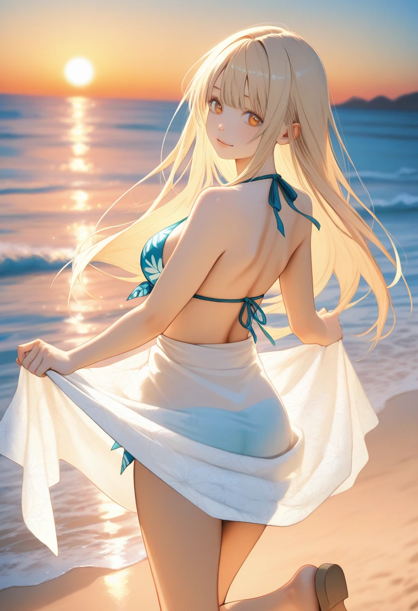 masterpiece, rich colors, Best quality, detailed, high resolution, Hyper quality, high detail, , high quality, detailing, skinny sexy girl on the beach , bright lighting , Brown eyes, Anime, palm trees, bright lighting, blonde,