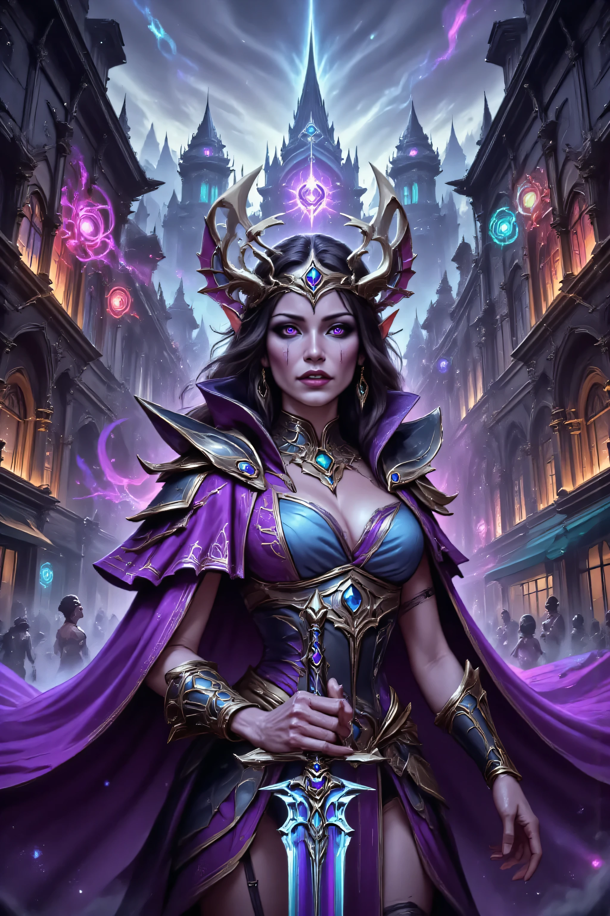 Vivid vibrant color style,zavy-ctcmcs,w1n,hyp3rd3tail style,OMNH,a picture of a female elf (intense details, Masterpiece, best quality) fantasy swashbuckler, fantasy fencer, armed with a slim sword, shinning sword, metallic shine, multi colored, colorful clothes,  an ultra wide shot, full body (intense details, Masterpiece, best quality)epic beautiful female elf (intense details, Masterpiece, best quality), rich hair, braided hair, small pointed ears, action shot,  colorful magical sigils in the air, colorful arcane markings floating,  holding a sword (intricate details, Masterpiece, best quality), fantasy urban street (intense details, Masterpiece, best quality),  purple cloak, long cloak (intense details, Masterpiece, best quality), sense of daring, sense of adventure,  high details, best quality, 8k, [ultra detailed], masterpiece, best quality, (extremely detailed), dynamic angle, ultra wide shot, photorealistic, RAW, fantasy art, 