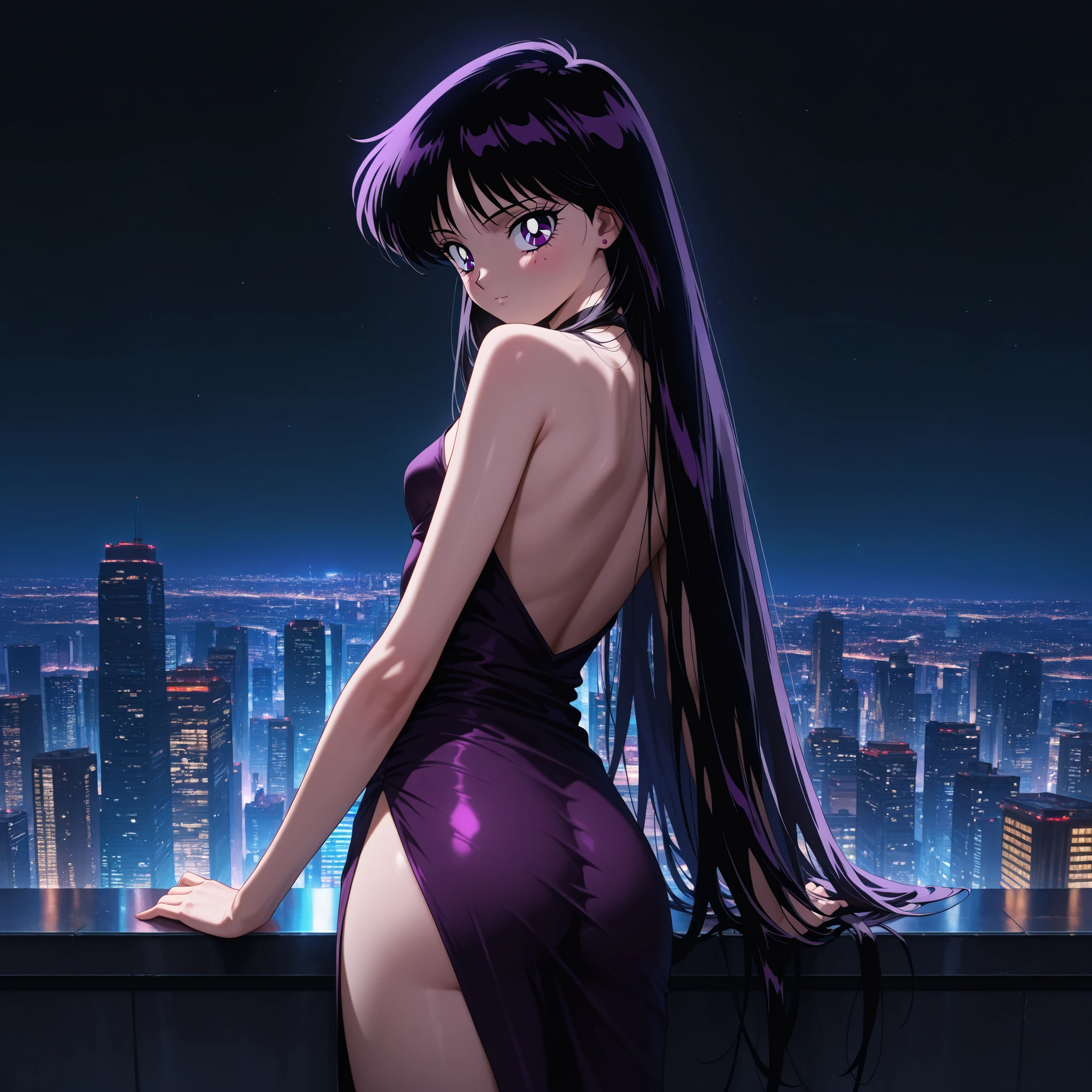 masterpiece, amazing quality, best quality, ultra-detailed, 8K, illustration, ultra-detailed-eyes, soft skin, very awa, very as2, soft body, 1990s \(style\), official art, solo, hino rei, black hair, long hair, purple eyes, parted bangs, small breasts, dress, side slit dress, sky, mars planet, night, building, \(sky\), cityscape, standing, skyscraper, Her back is turned to the viewer. The girl is looking over her shoulder smiling at the viewer, dim lighting, black sky, night, volumetric lighting, dynamic lighting, sharp focus, distortion-free
